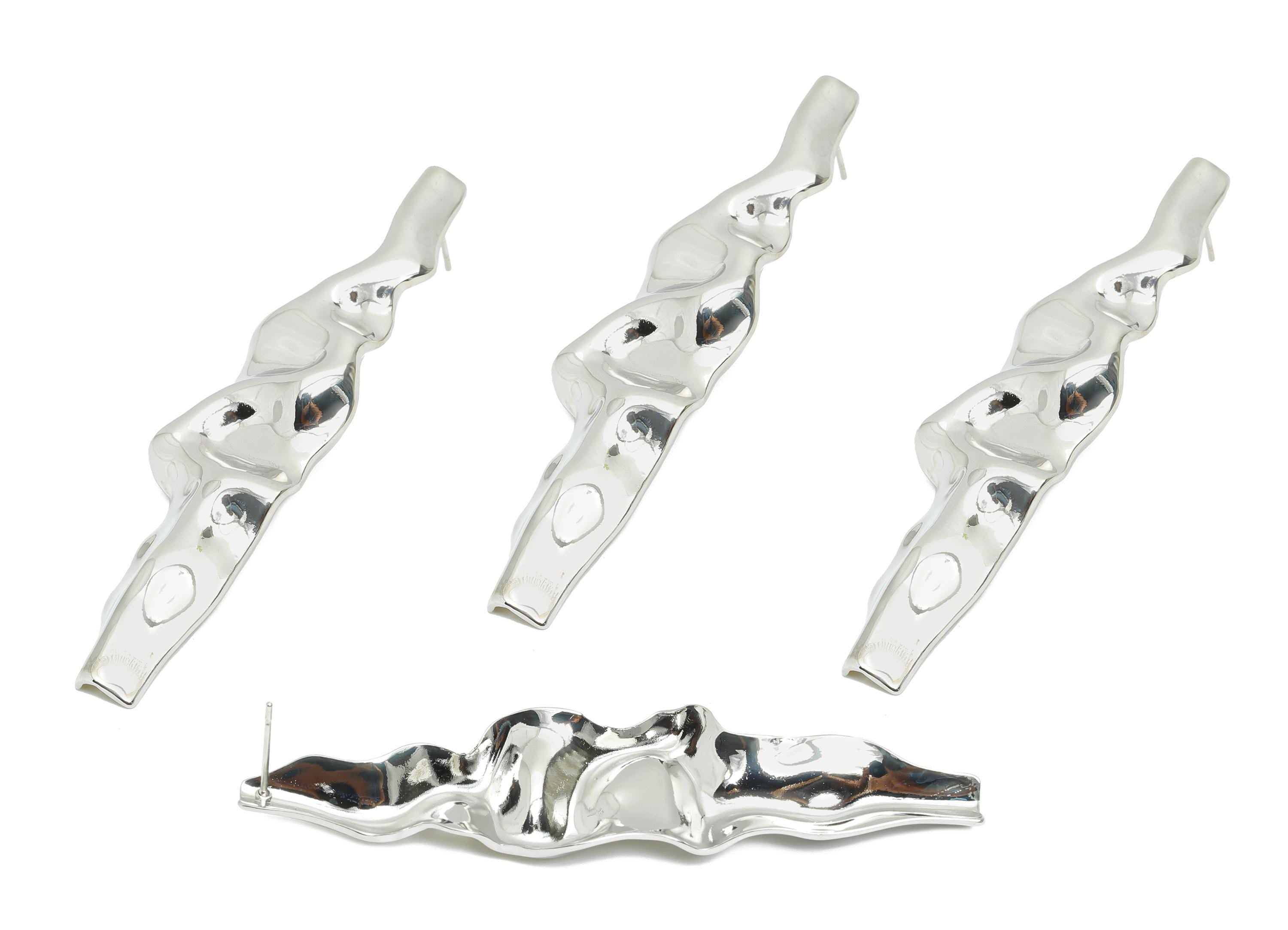 Bold Artistic Earring Stud - Brass Shiny Ripple Earring Post - Organic Drop Earring Stud - 18K Real White Gold Plated - 71x18x3mm - RGP9687S - DOMEDBAZAAR