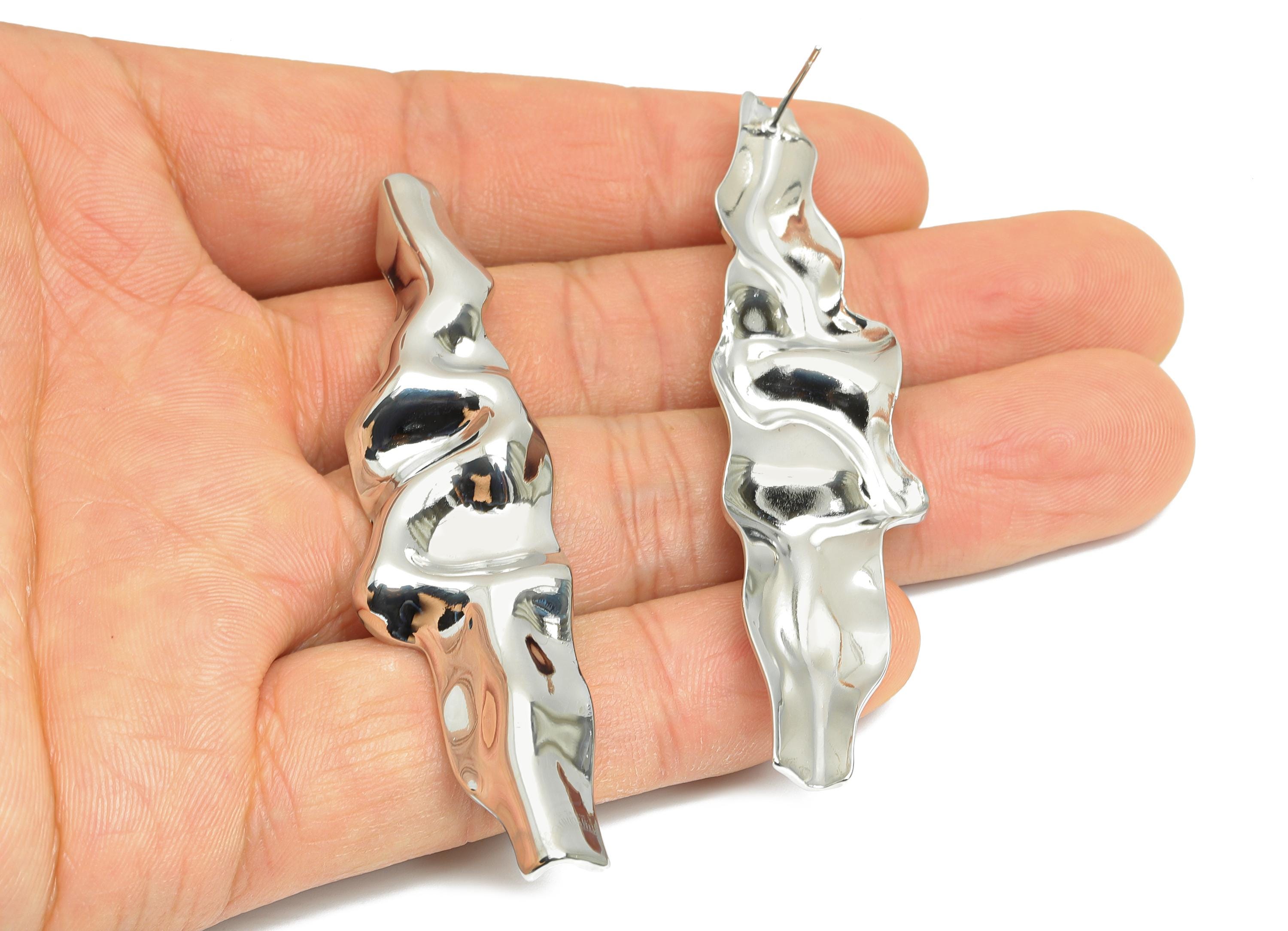 Bold Artistic Earring Stud - Brass Shiny Ripple Earring Post - Organic Drop Earring Stud - 18K Real White Gold Plated - 71x18x3mm - RGP9687S - DOMEDBAZAAR