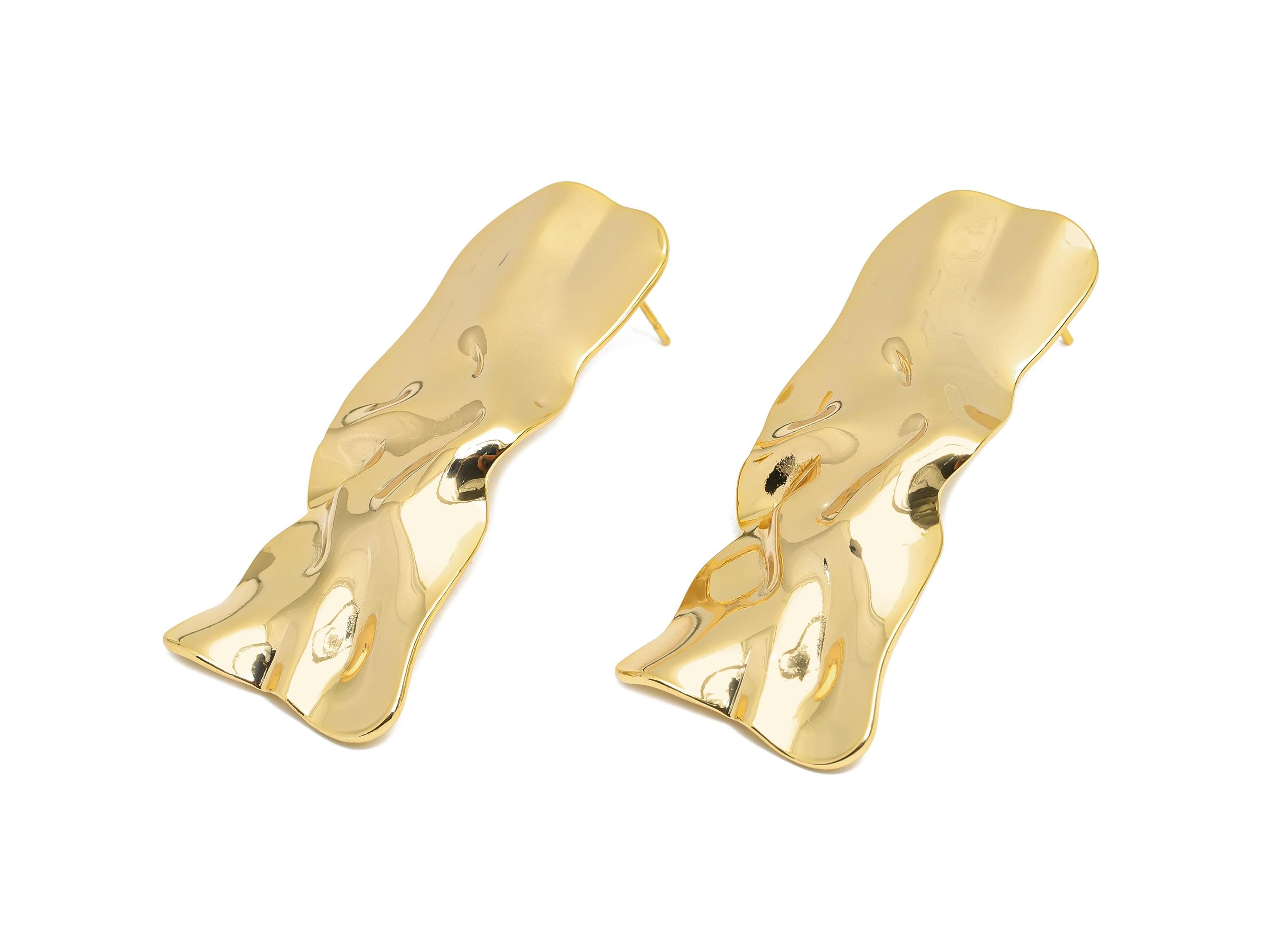 Bold Artistic Earring Stud - Brass Luxury Artistic Jewelry - Abstract Wavy Gold Earring Post - 18K Real Gold Plated - 55x21x3mm - RGP9647 - DOMEDBAZAAR