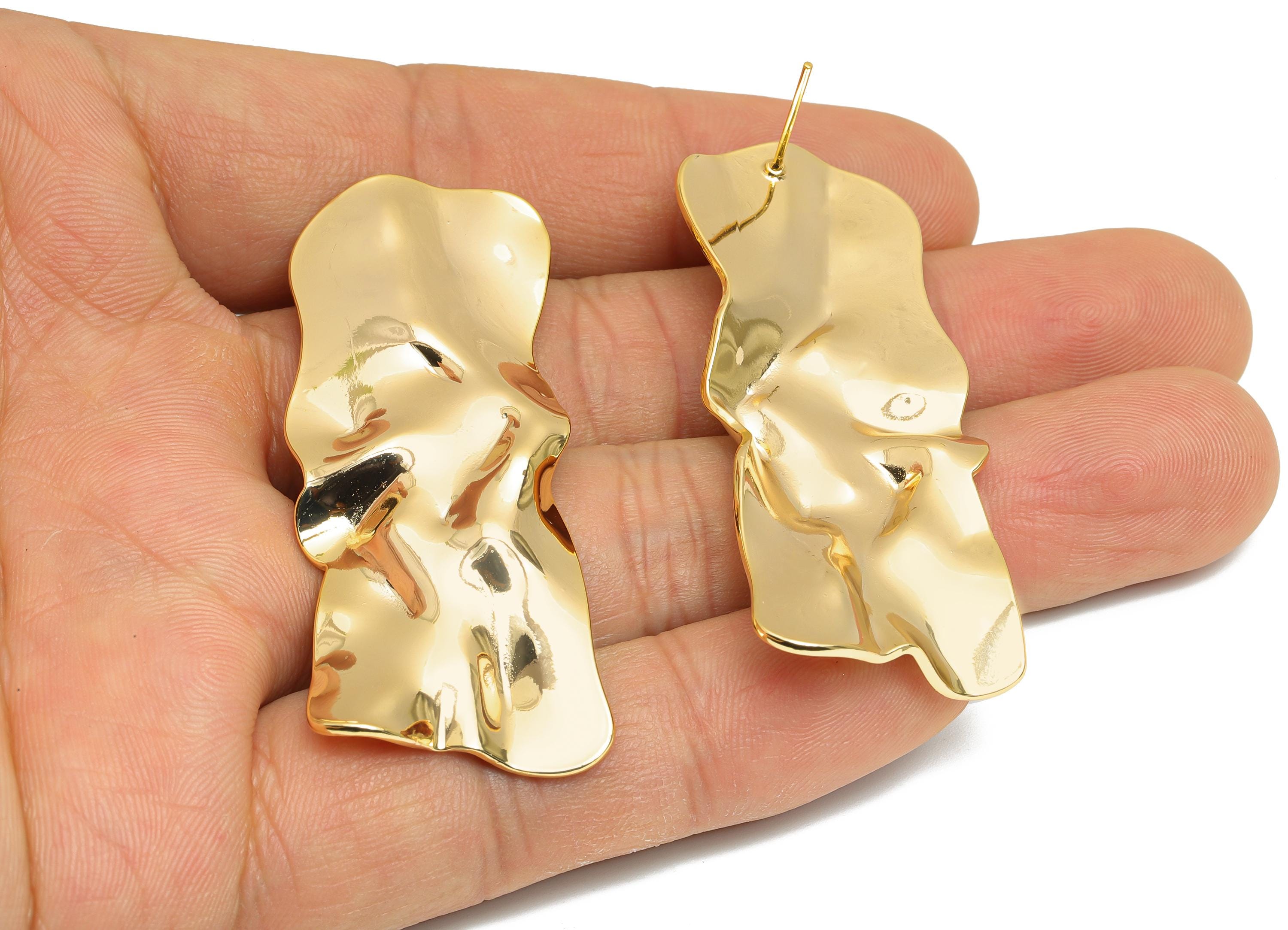 Bold Artistic Earring Stud - Brass Luxury Artistic Jewelry - Abstract Wavy Gold Earring Post - 18K Real Gold Plated - 55x21x3mm - RGP9647 - DOMEDBAZAAR