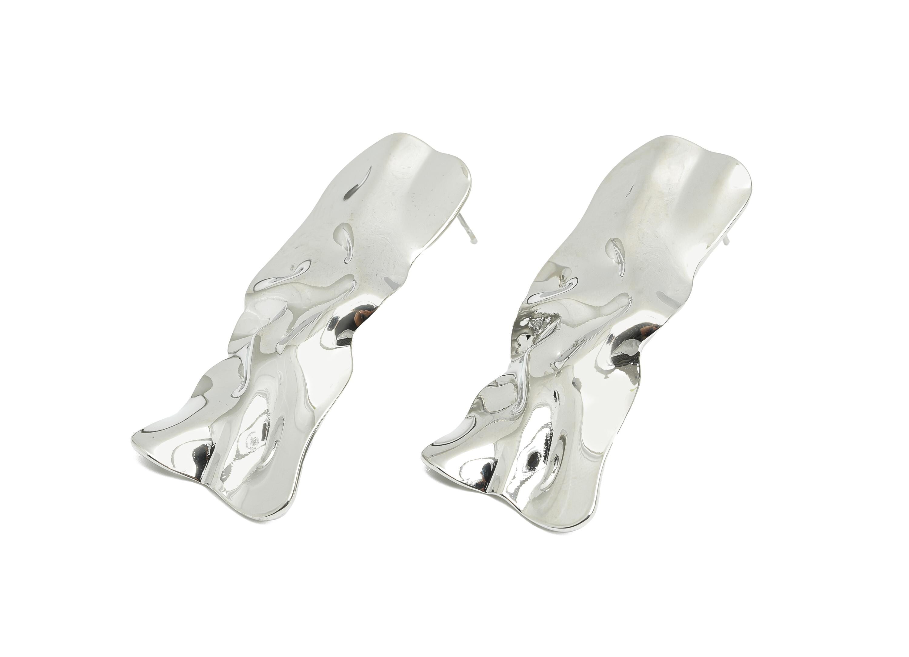 Bold Artistic Earring Stud - Brass Luxury Artistic Jewelry - Abstract Wavy Earring Post - 18K Real White Gold Plated - 55x21x3mm - RGP9647S - DOMEDBAZAAR