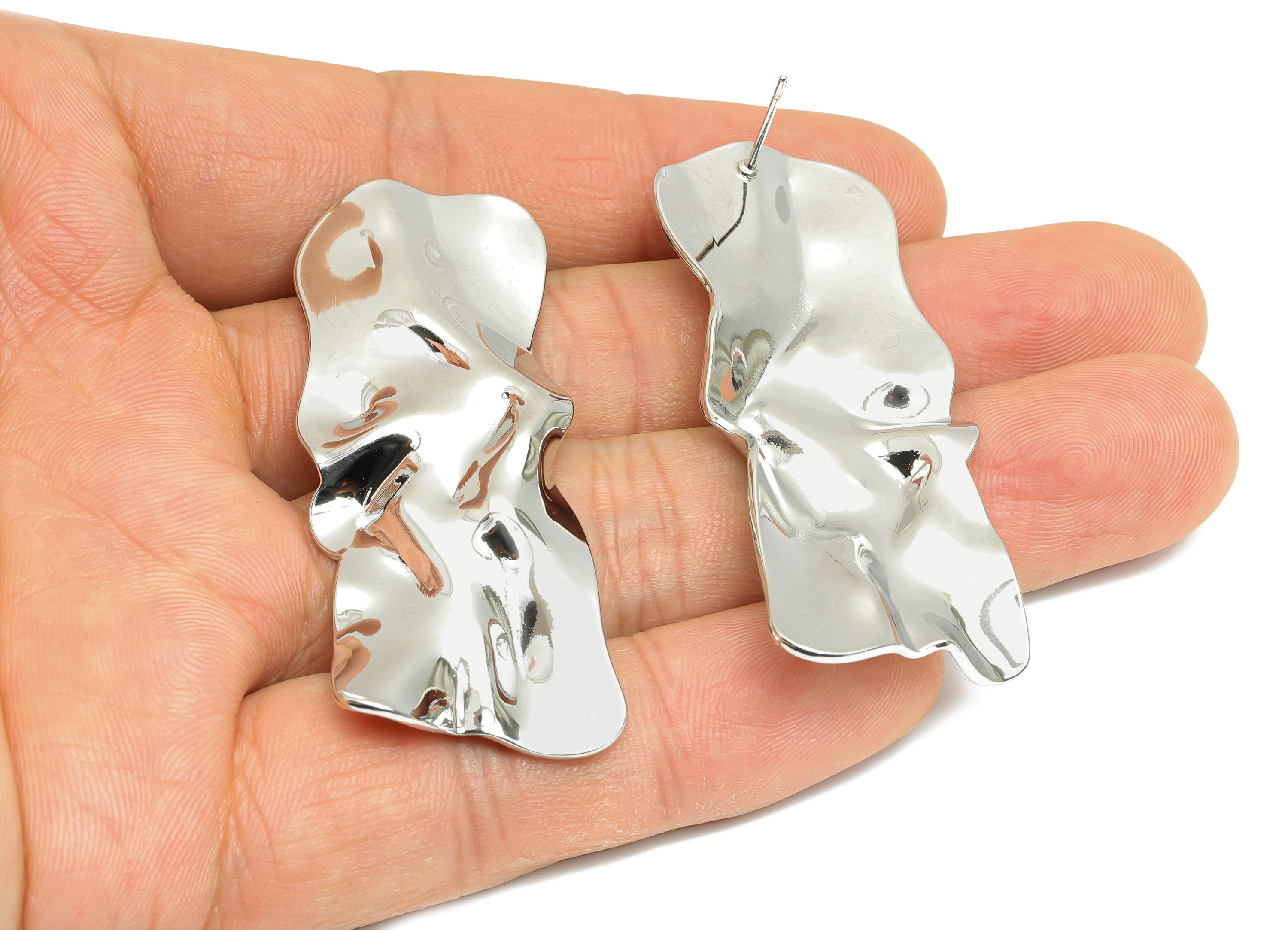 Bold Artistic Earring Stud - Brass Luxury Artistic Jewelry - Abstract Wavy Earring Post - 18K Real White Gold Plated - 55x21x3mm - RGP9647S - DOMEDBAZAAR