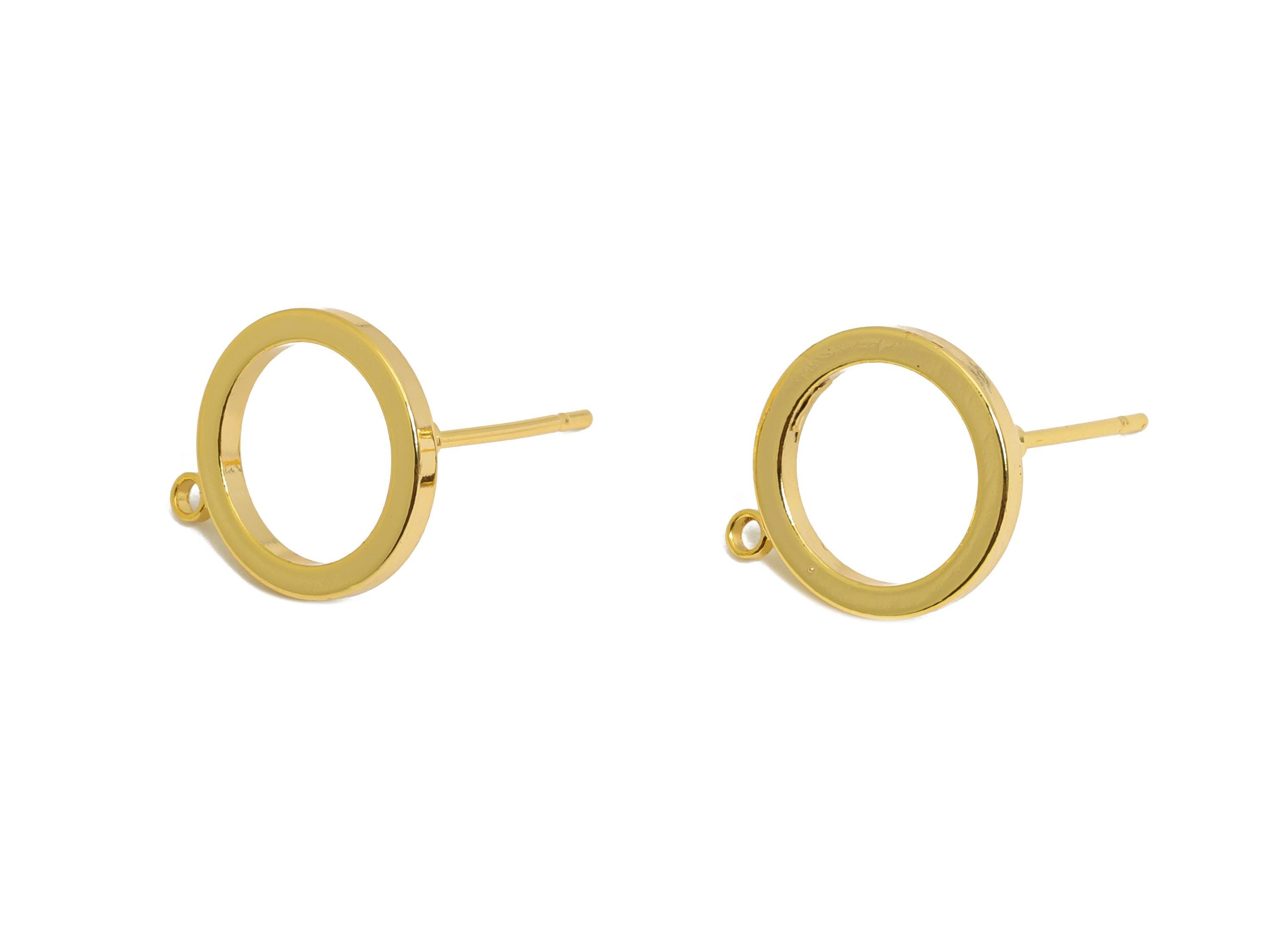 14mm Ring Stud - Brass Minimalist Earring With Loop - Customizable Circle Earring Base - 18K Real Gold Plated - 14x11x1.44mm - RGP9644 - DOMEDBAZAAR