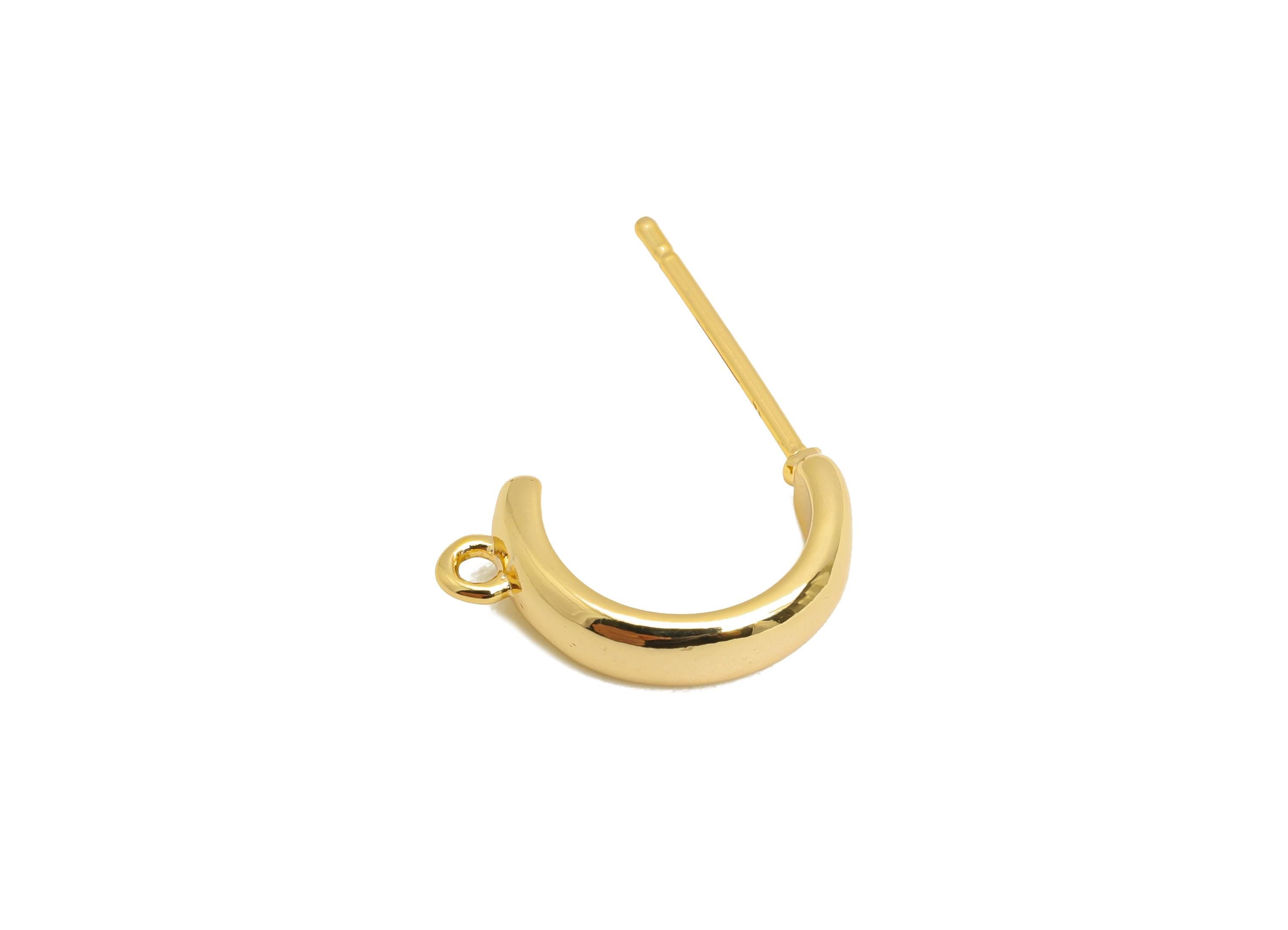 Brass Hoop Earring - Brass Mini C Hoop Earring Post With Loop - Customizable Shiny Earring Base - 18K Real Gold Plated - 14x8x3mm - RGP9656 - DOMEDBAZAAR