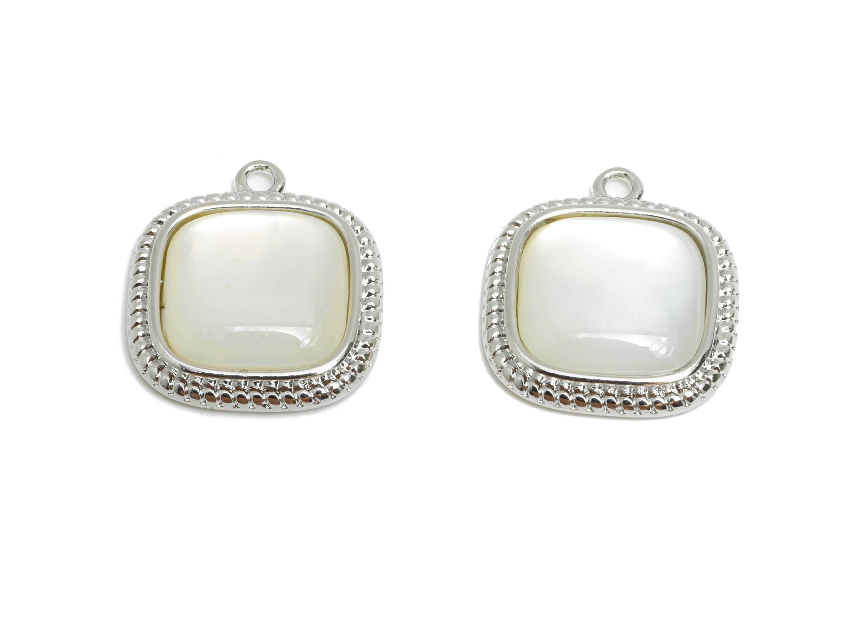 Brass Square Earring Charm - Silver Seashell Pendant for Necklace - Textured Square Charm - 18K White Gold-Plated - 15.8x13.7x3.6mm -RGP9551 - DOMEDBAZAAR