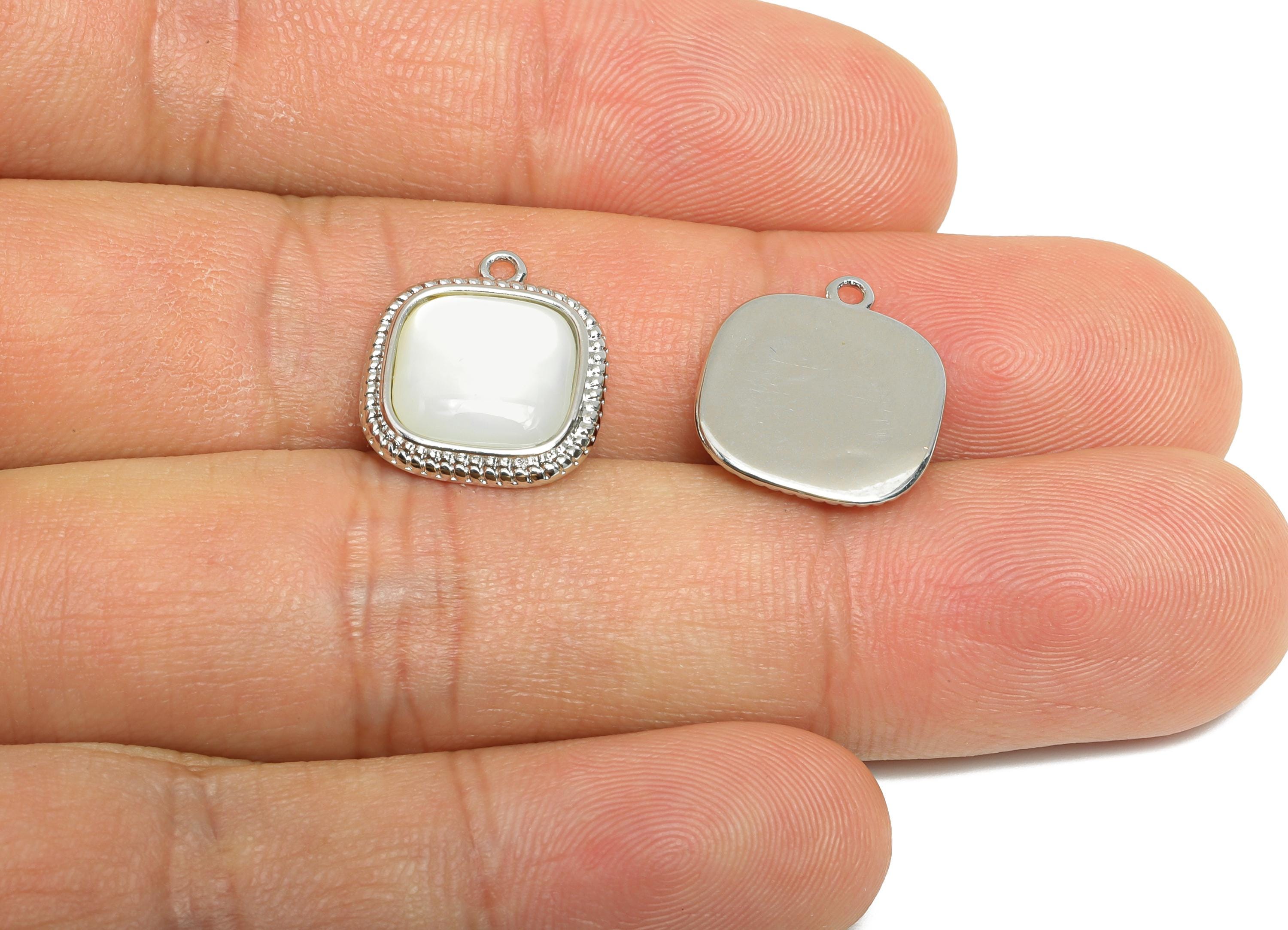 Brass Square Earring Charm - Silver Seashell Pendant for Necklace - Textured Square Charm - 18K White Gold-Plated - 15.8x13.7x3.6mm -RGP9551 - DOMEDBAZAAR
