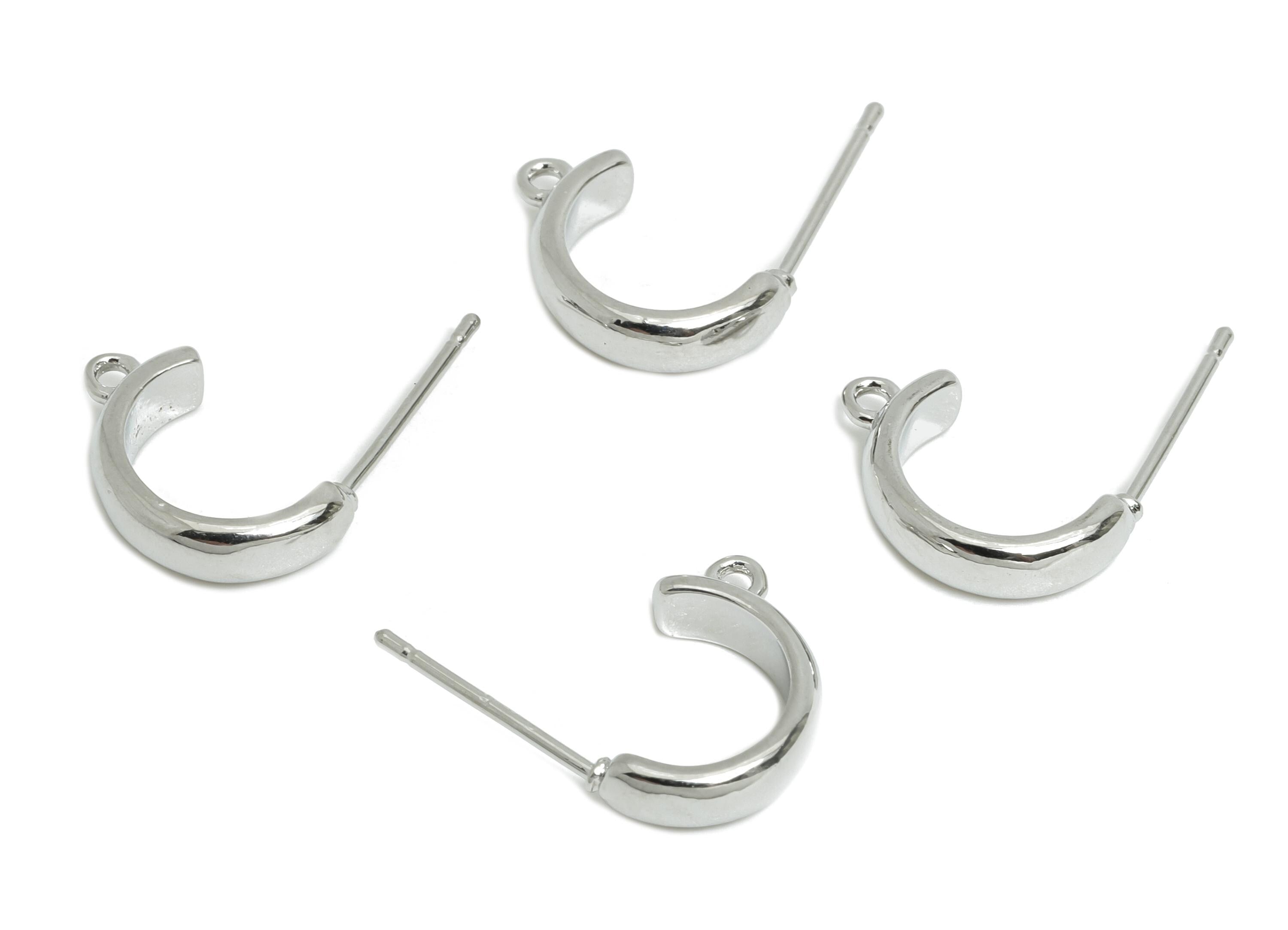 Brass Hoop Earring - Brass Mini C Hoop Earring Post With Loop - Customizable Earring Base - 18K Real White Gold Plated - 14x8x3mm - RGP9656S - DOMEDBAZAAR