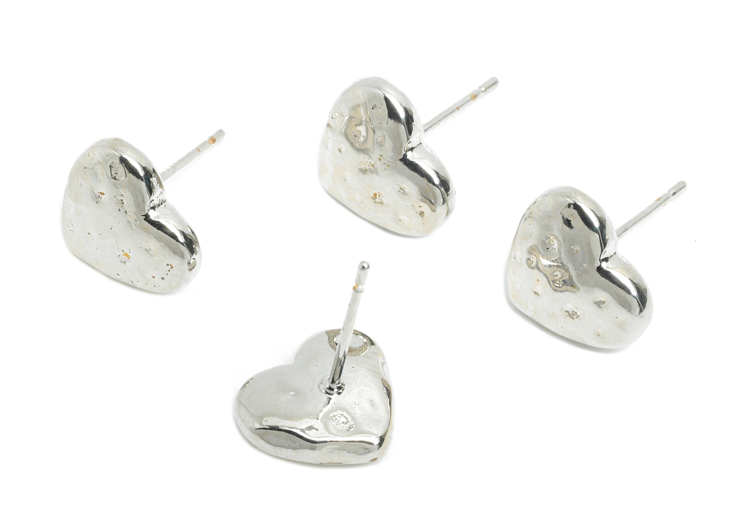 Textured Heart Stud - Brass Hammered Heart Earring Stud - Modern Love Heart Stud Earring - 18K Real White Gold Plated - 10x11x4mm - RGP9663S - DOMEDBAZAAR