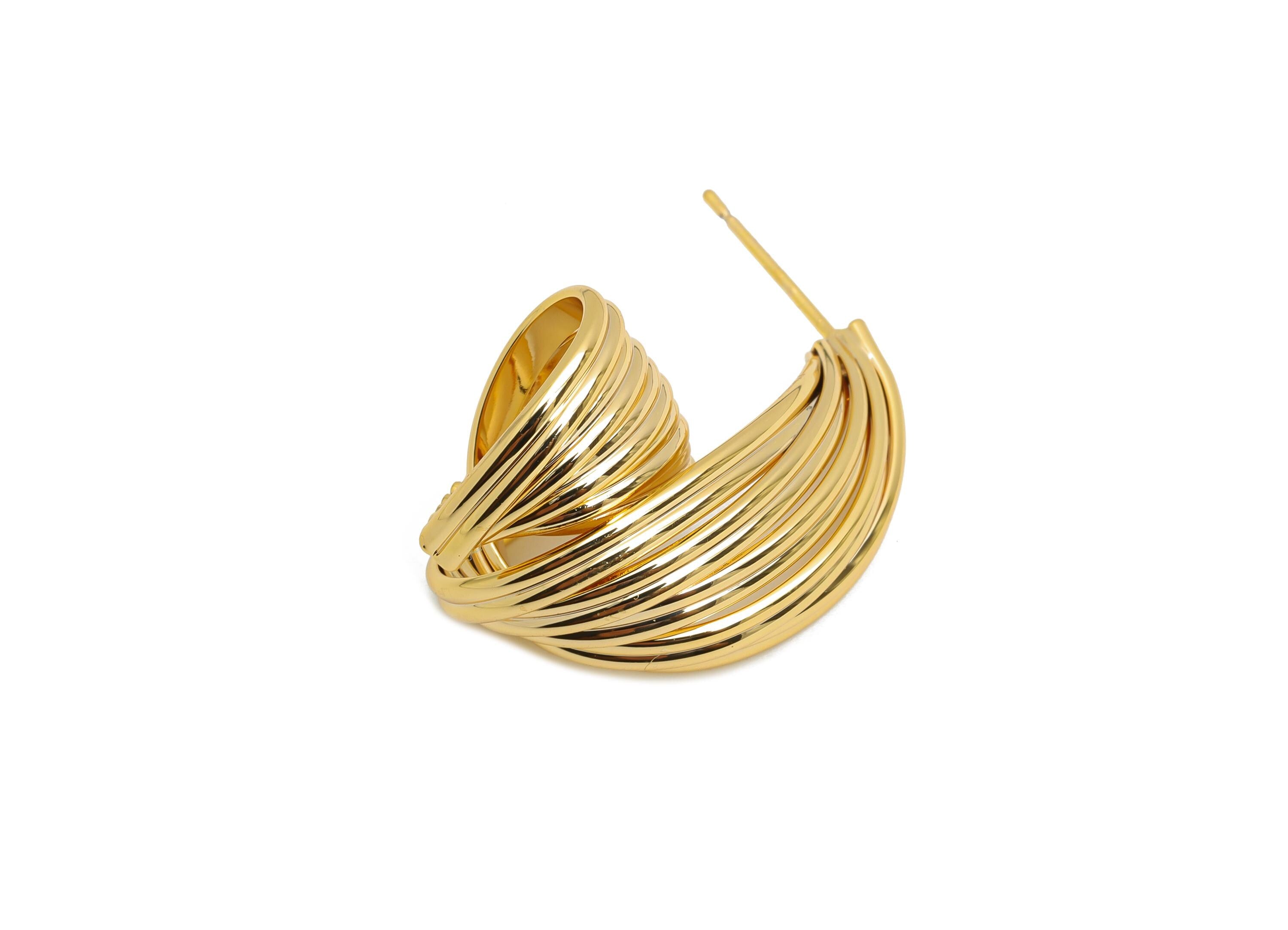 Twisted Hoop Earring Stud - Brass Bold Ribbed Snail Earring Stud - Layered Spiral Oversized Hoop - 18K Real Gold Plating -29x20x15mm-RGP9688 - DOMEDBAZAAR