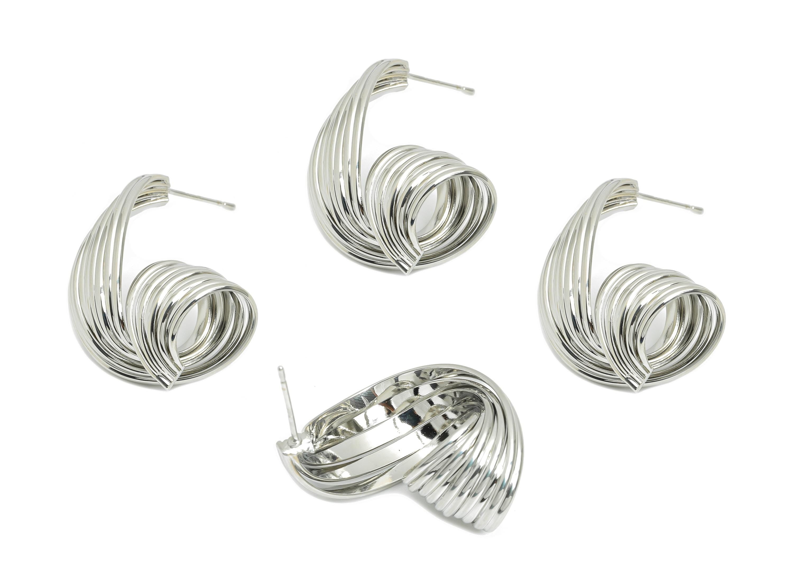 Twisted Hoop Earring Stud - Brass Bold Snail Hoop Stud - Layered Spiral Oversized Hoop - 18K Real White Gold Plating - 29x20x15mm-RGP9688S - DOMEDBAZAAR