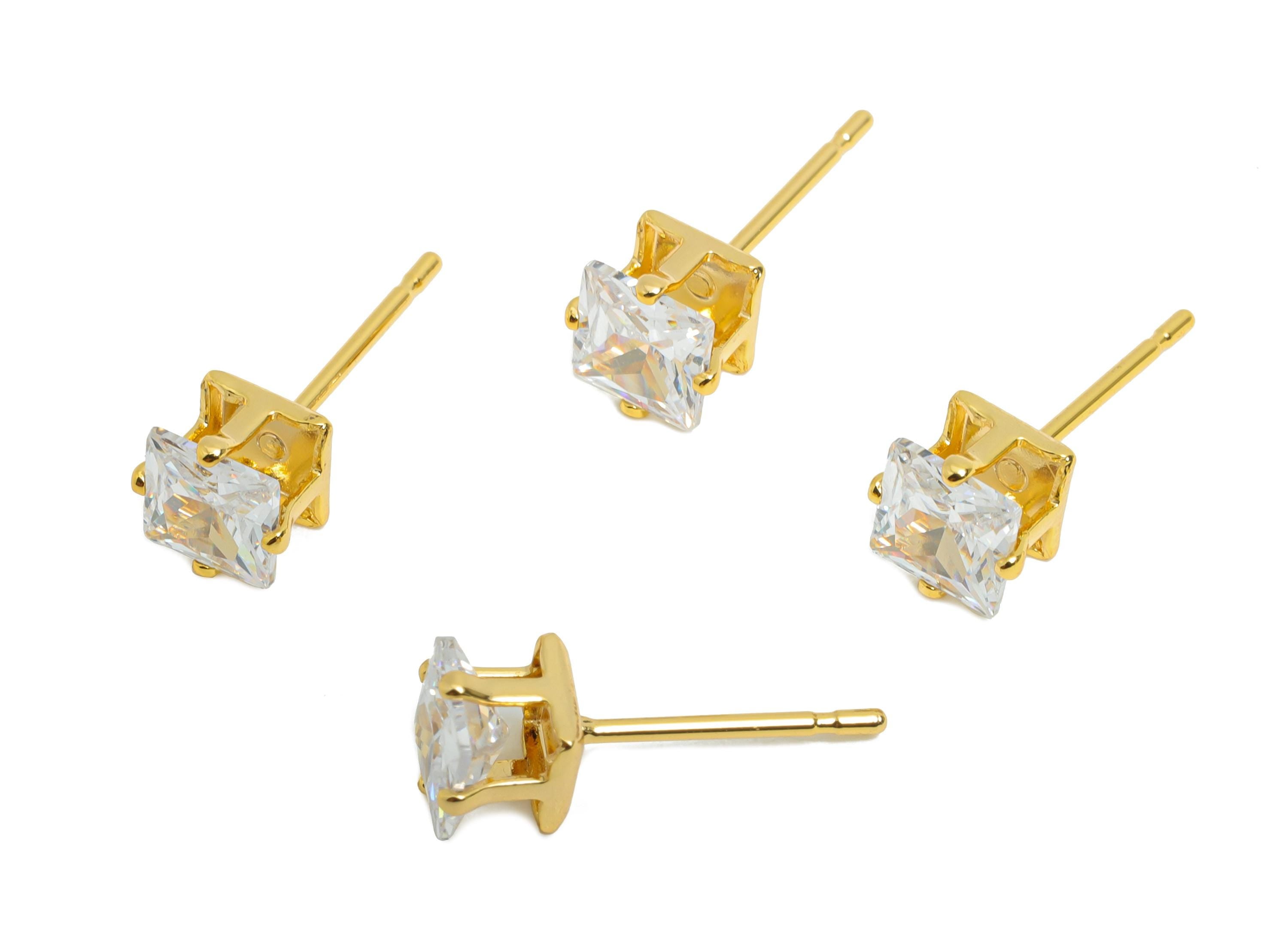 Minimalist Square Earring Pods - Brass Simple Gem Stud - Cubic Zircon Sparkling Gold Ear Post - 18K Real Gold Plated - 5x5x5mm - RGP9638-5 - DOMEDBAZAAR