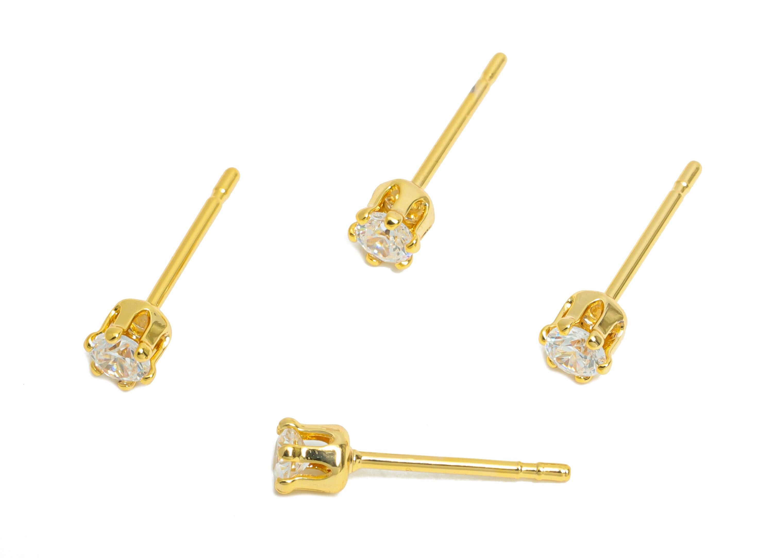 Minimalist Tiny Earring Post - Brass Simple Mini Gem Stud - Cubic Zircon Sparkling Post - 18K Real Gold Plated - 3x3x3mm - RGP9641 - DOMEDBAZAAR