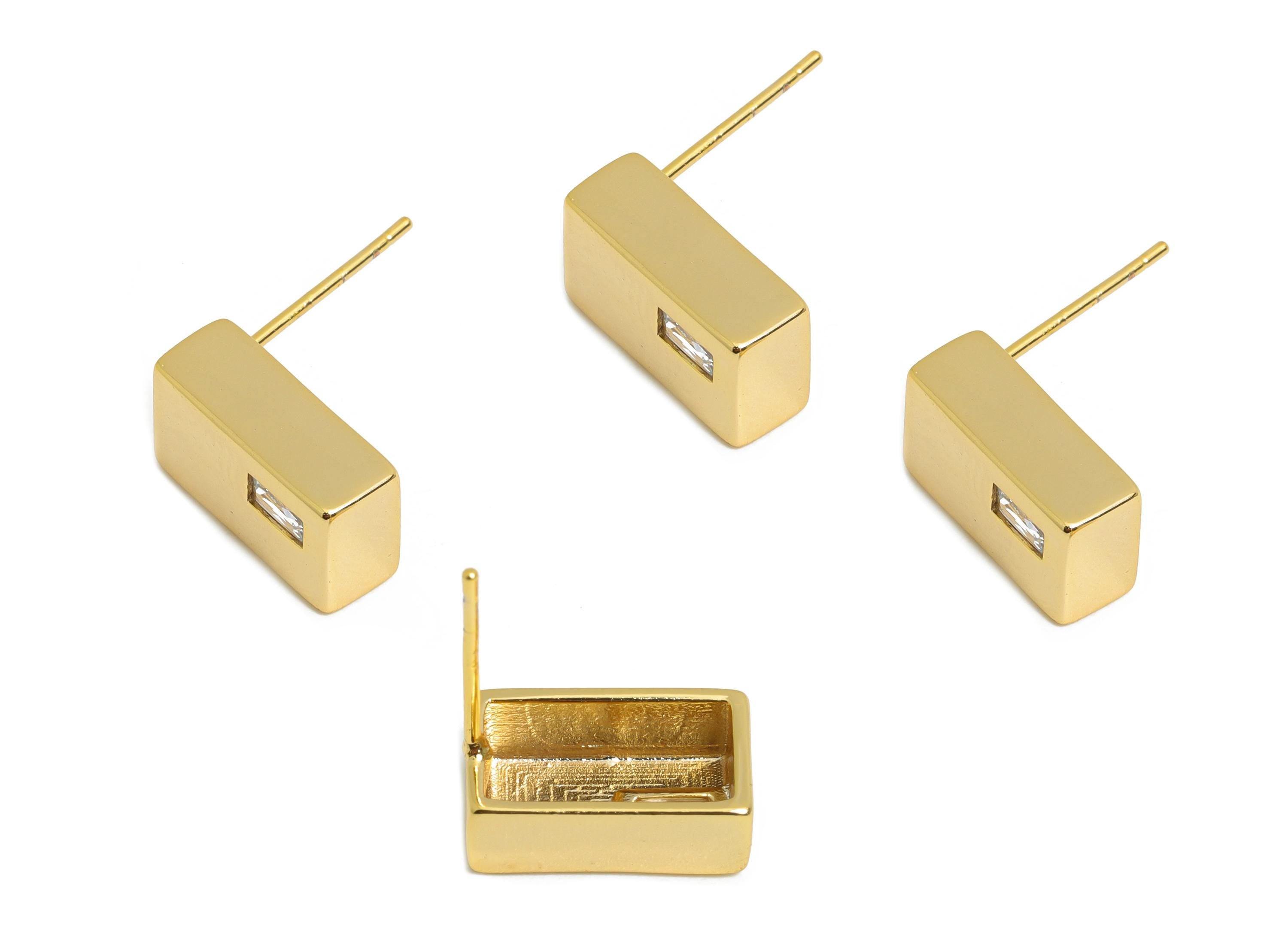 Brass Rectangle Bar Post - Brass Sleek Architectural Earring Stud - Cubic Zircon Earring Stud - 18K Real Gold Plated - 12.7x7x4mm-RGP9653 - DOMEDBAZAAR