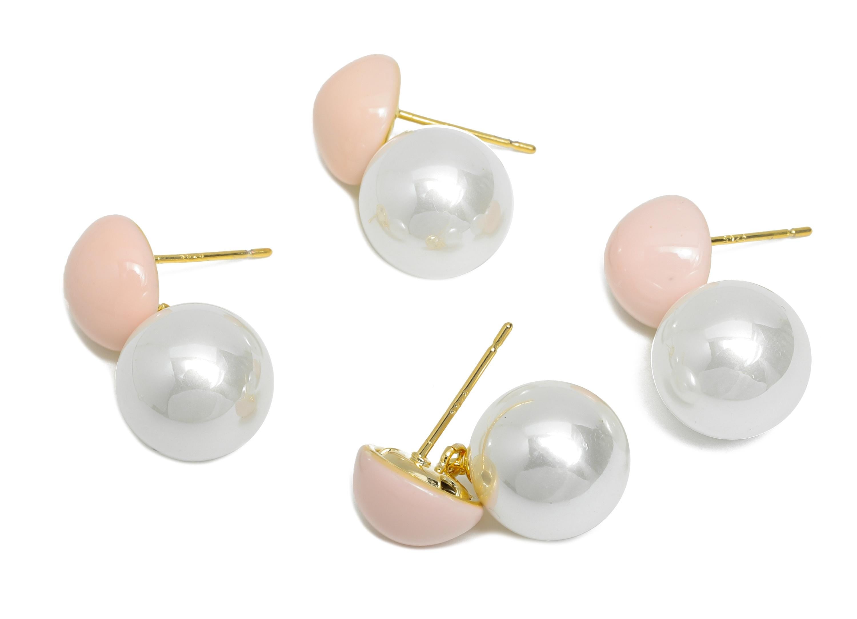 Brass Pearls Dangle Stud - Pink Enamel Imitation Pearl Earrings Post - Everday Jewelry - 18K Real Gold Plated -24.28x11.93x0.71mm-RGP9609B - DOMEDBAZAAR