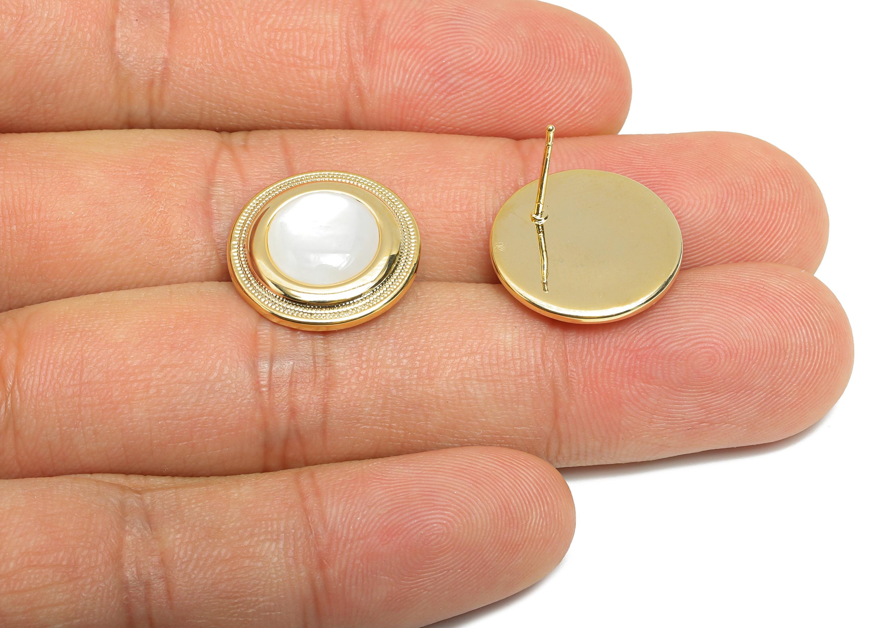 Sparkling Round Stud Earring - Brass Circle Seashell Earring - Refined Gold Earring Post - 18K Real Gold Plated -17.35x17.24x0.74mm -RGP9596 - DOMEDBAZAAR
