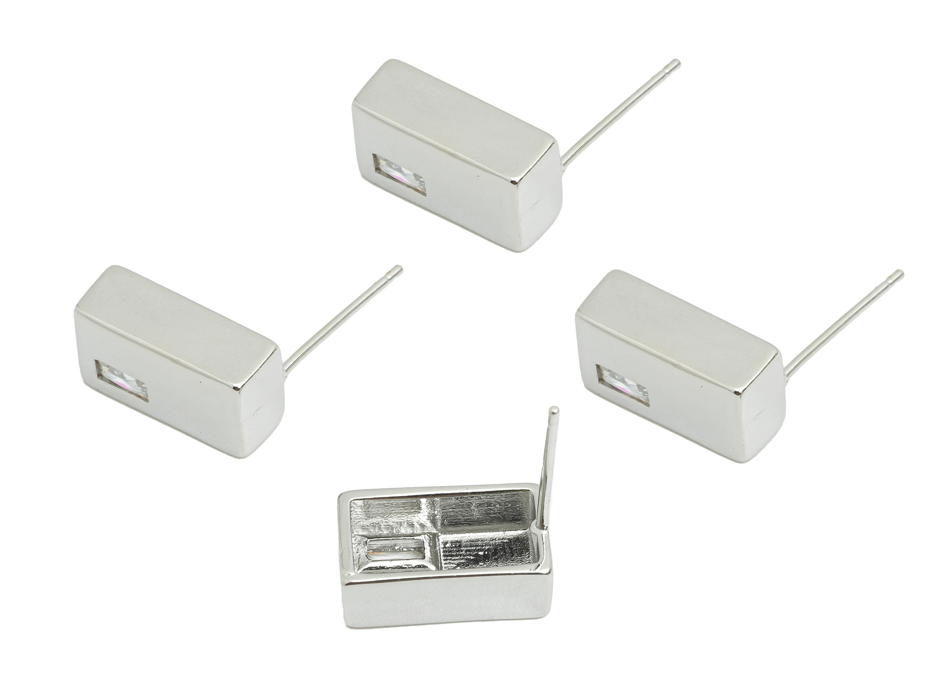 Brass Rectangle Bar Post - Brass Sleek Architectural Earring Stud - Cubic Zircon Earring - 18K Real White Gold Plated - 12x7x4mm-RGP9653S - DOMEDBAZAAR