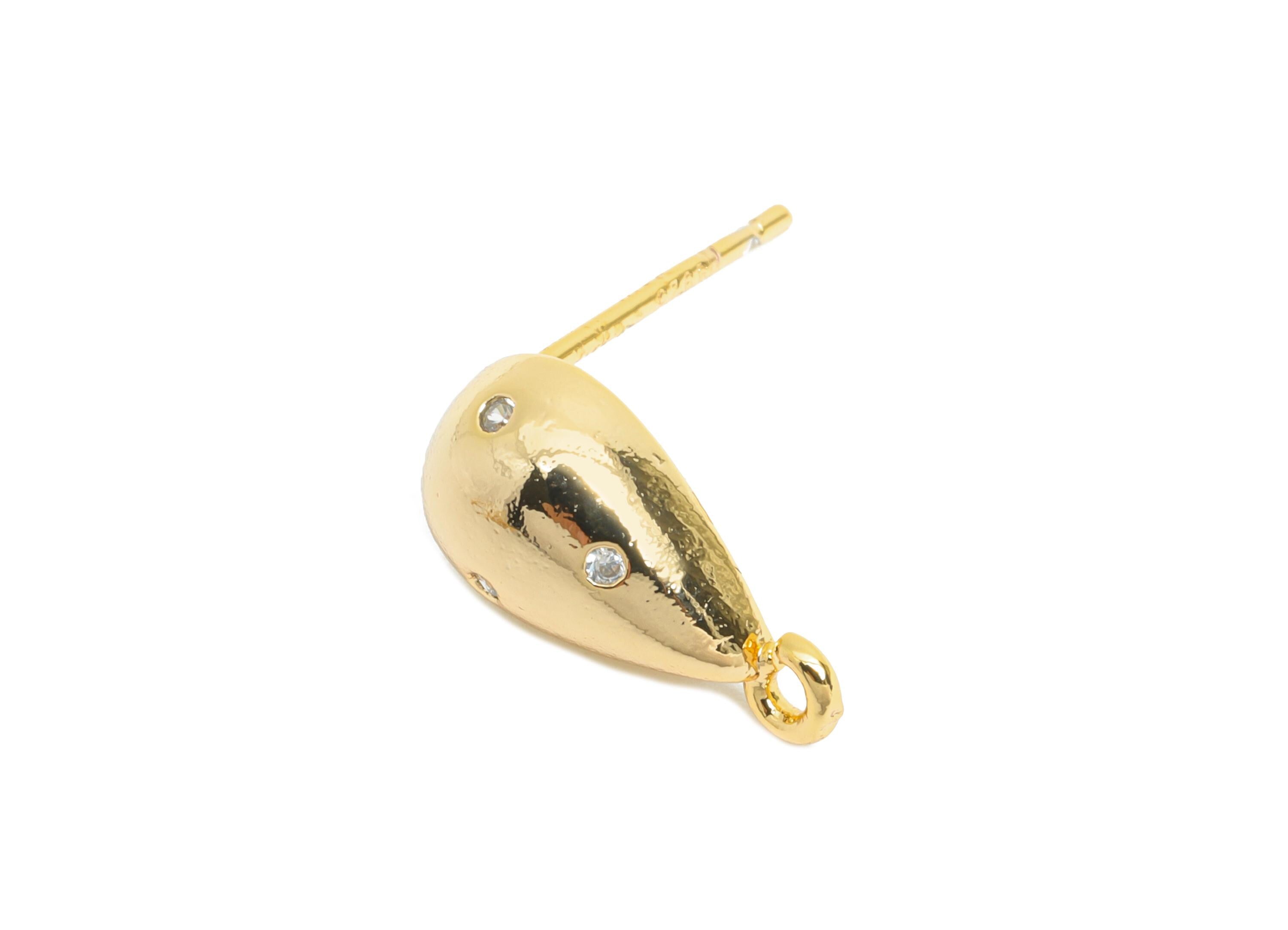 Brass Drop Earring Stud - Brass Cubic Zircon Earring With Loop - DIY Teardrop Earring Base - 18K Real Gold Plated - 13x6x3.77mm - RGP9649 - DOMEDBAZAAR
