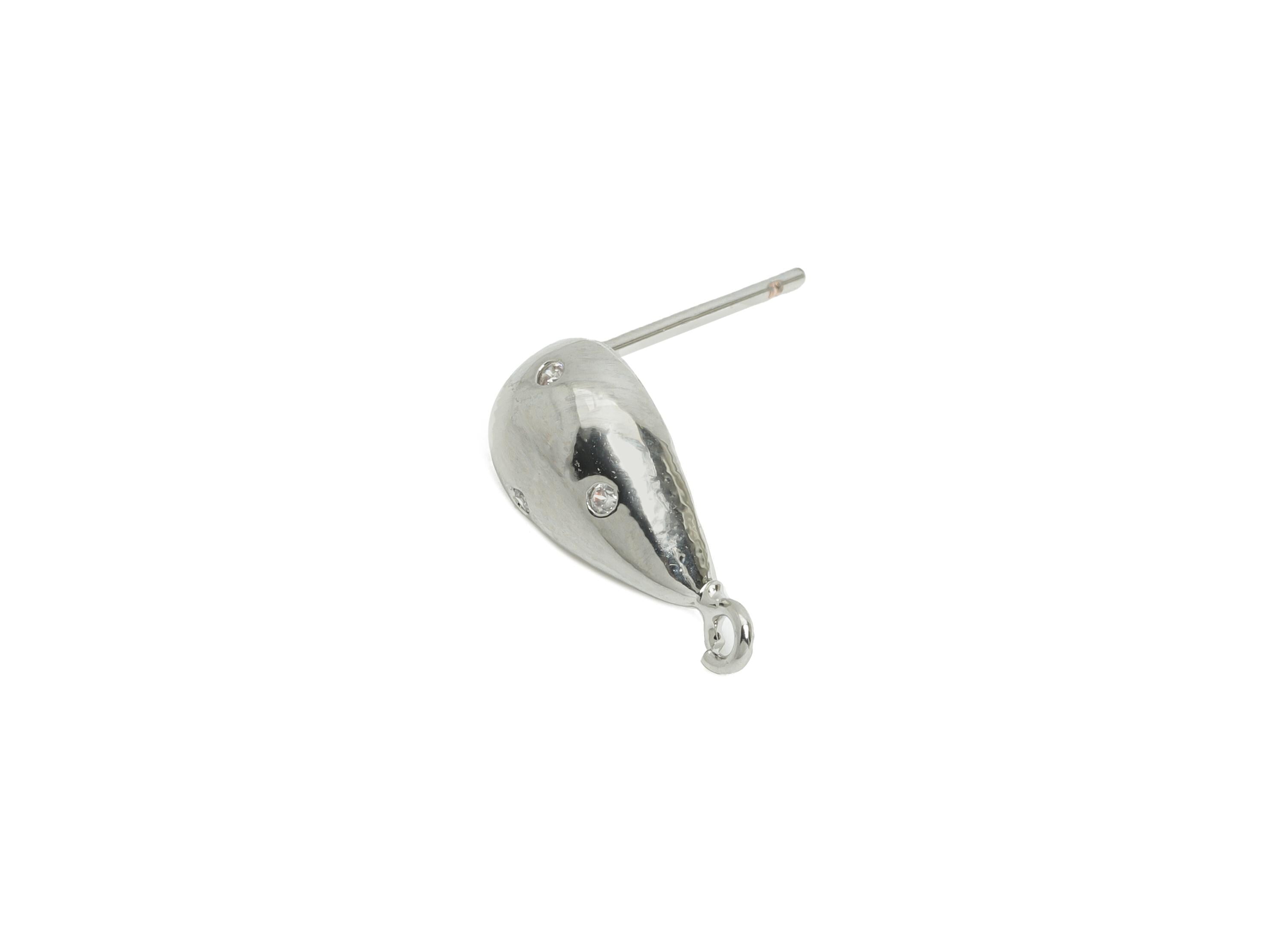 Brass Drop Earring Stud - Brass Cubic Zircon Earring With Loop - DIY Teardrop Earring Base - 18K Real White Gold Plated - 13x6x3mm -RGP9649S - DOMEDBAZAAR