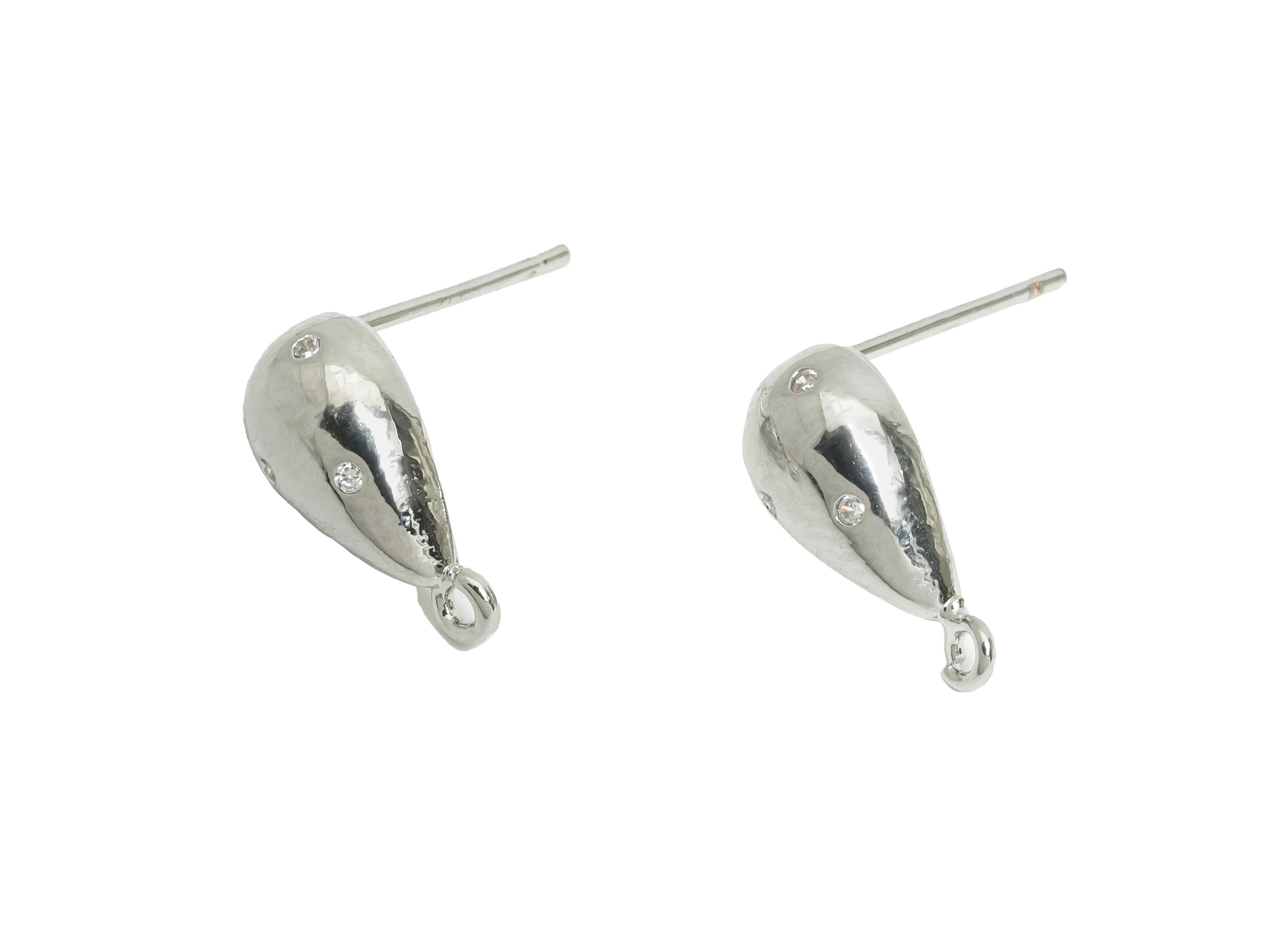Brass Drop Earring Stud - Brass Cubic Zircon Earring With Loop - DIY Teardrop Earring Base - 18K Real White Gold Plated - 13x6x3mm -RGP9649S - DOMEDBAZAAR