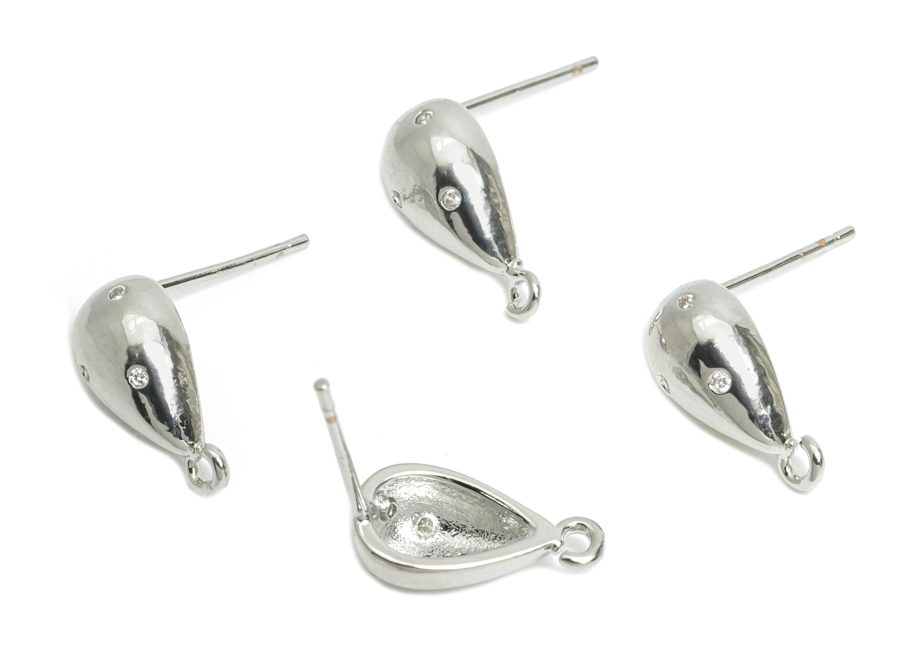 Brass Drop Earring Stud - Brass Cubic Zircon Earring With Loop - DIY Teardrop Earring Base - 18K Real White Gold Plated - 13x6x3mm -RGP9649S - DOMEDBAZAAR