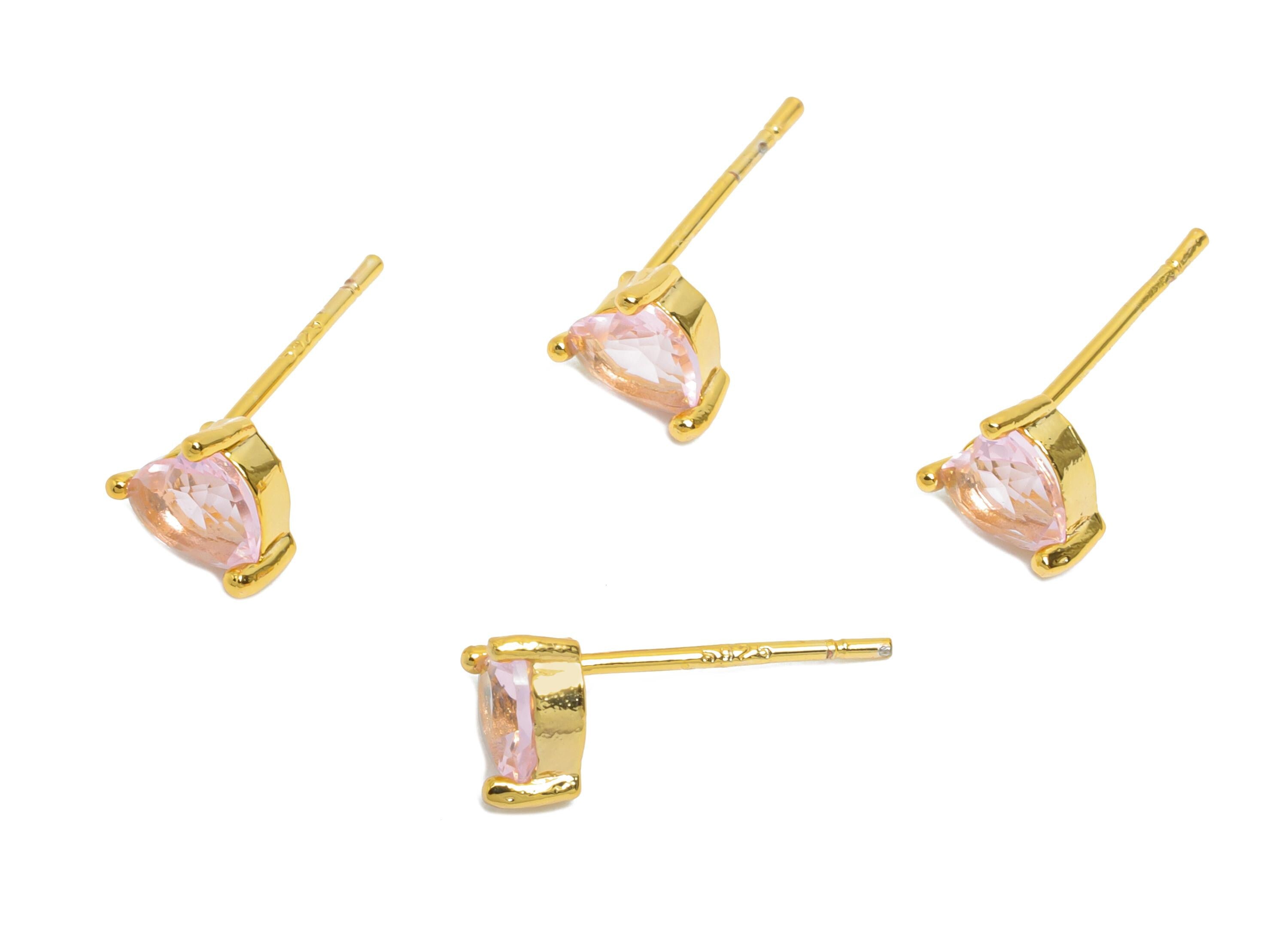 Minimalist Heart Post - Brass Pink Sparking Heart Stud - Glass Romantic Jewelry - 18K Real Gold Plated - 6.1x5.4x3.3mm - RGP9662 - DOMEDBAZAAR