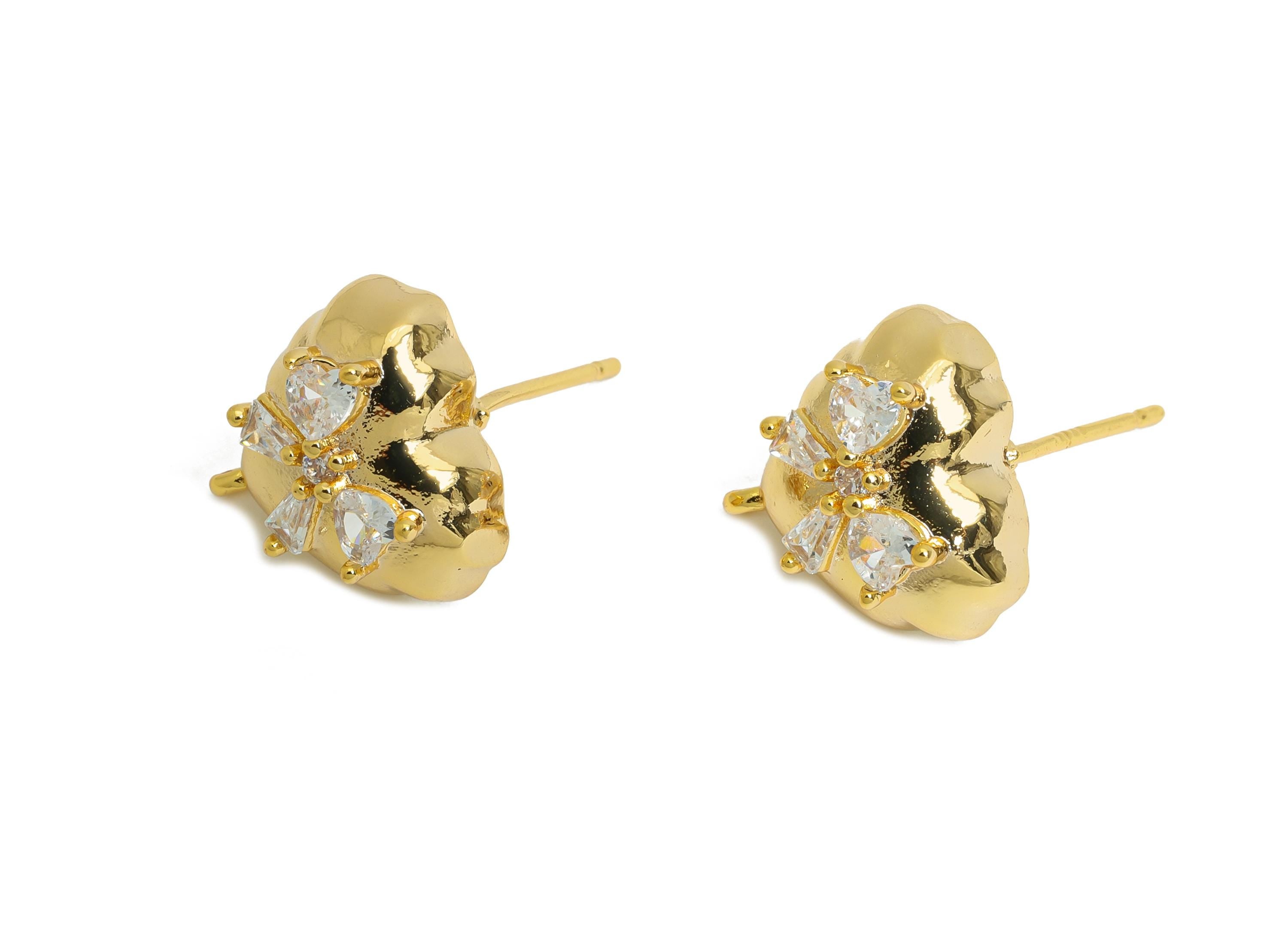 Brass CZ Heart Post - Brass Sparking Heart Stud With Loop - Crystal Cute Bow Earring - 18K Real Gold Plated - 13x13x6.23mm - RGP9654 - DOMEDBAZAAR
