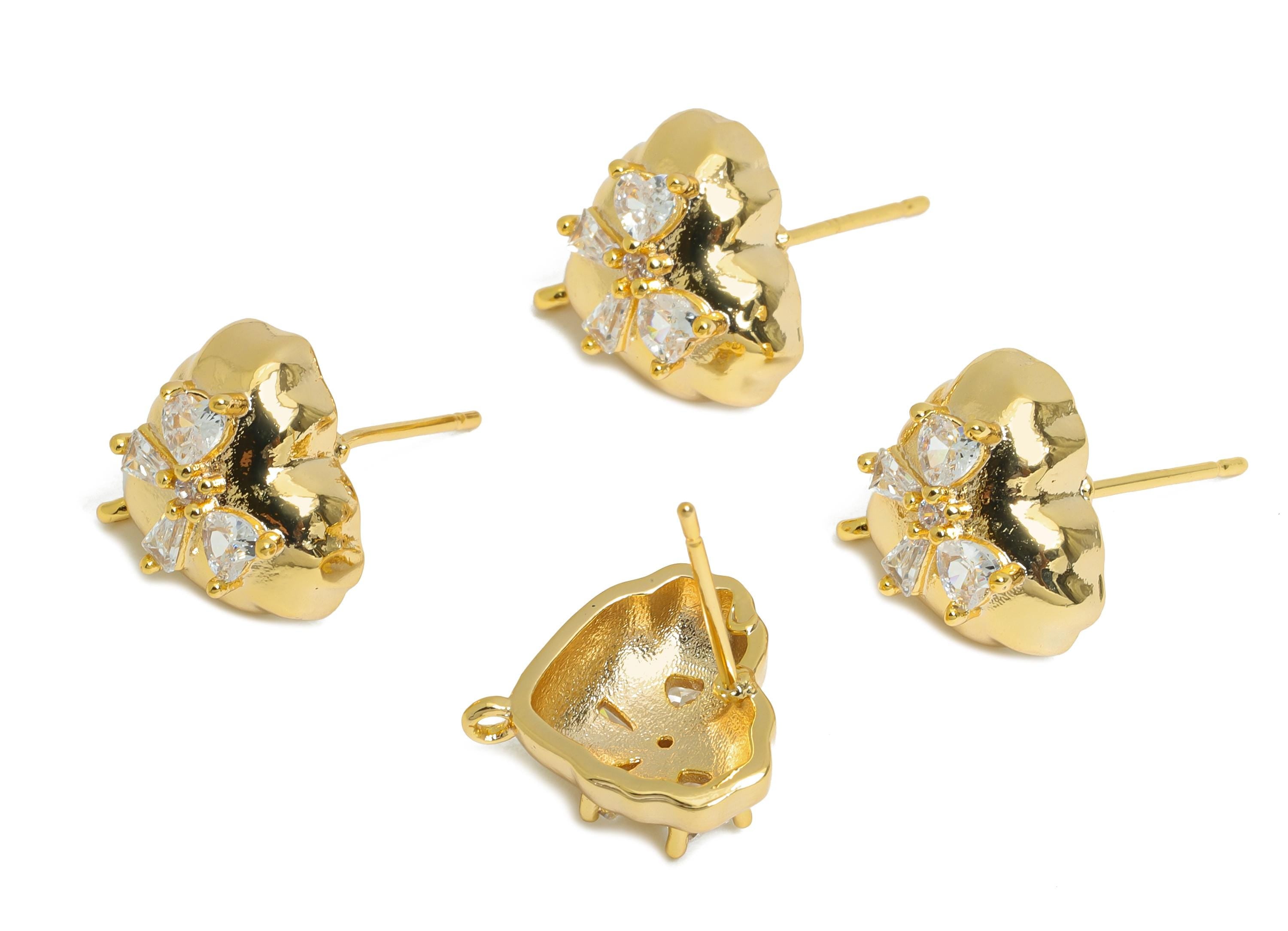 Brass CZ Heart Post - Brass Sparking Heart Stud With Loop - Crystal Cute Bow Earring - 18K Real Gold Plated - 13x13x6.23mm - RGP9654 - DOMEDBAZAAR