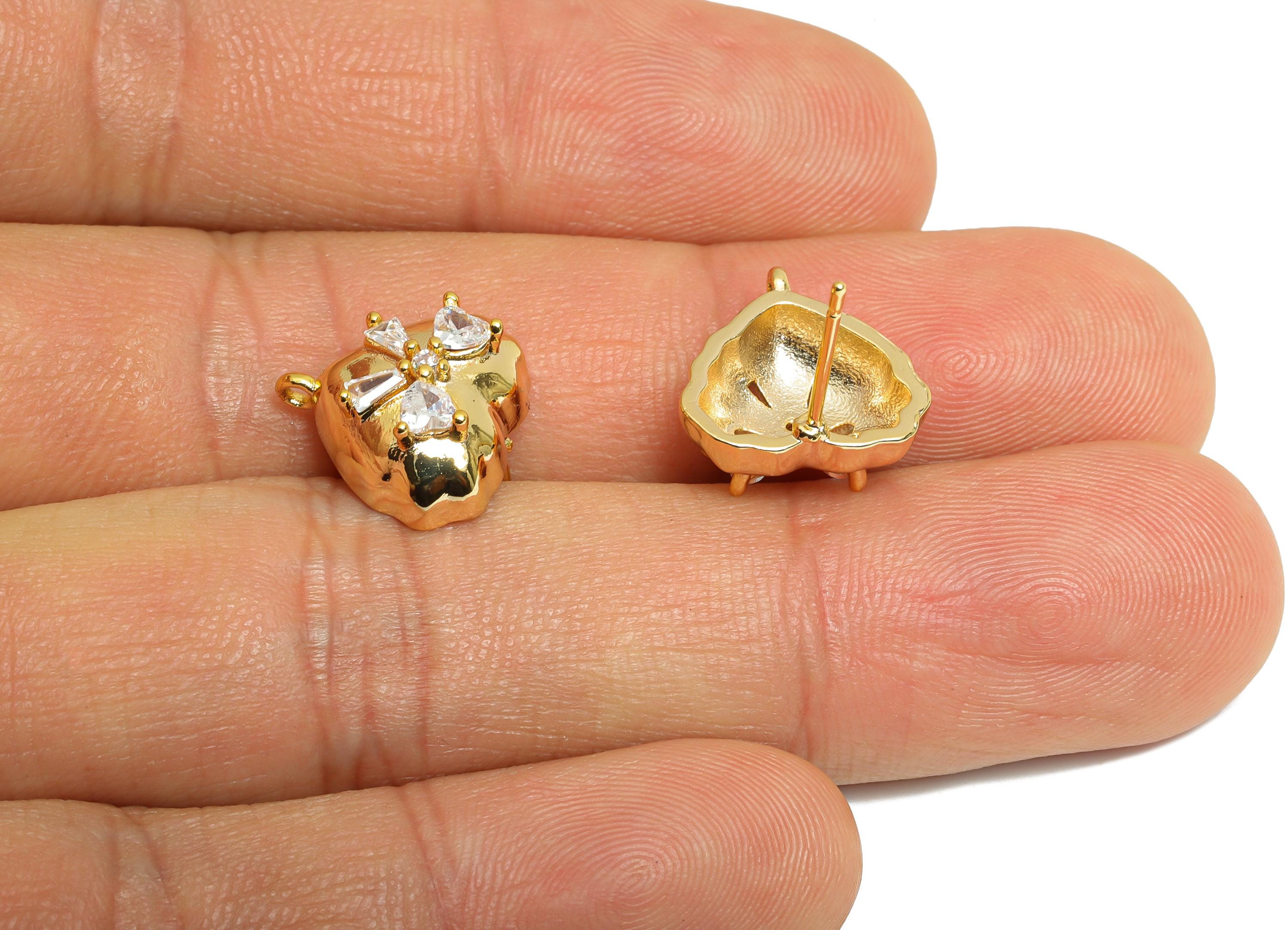 Brass CZ Heart Post - Brass Sparking Heart Stud With Loop - Crystal Cute Bow Earring - 18K Real Gold Plated - 13x13x6.23mm - RGP9654 - DOMEDBAZAAR