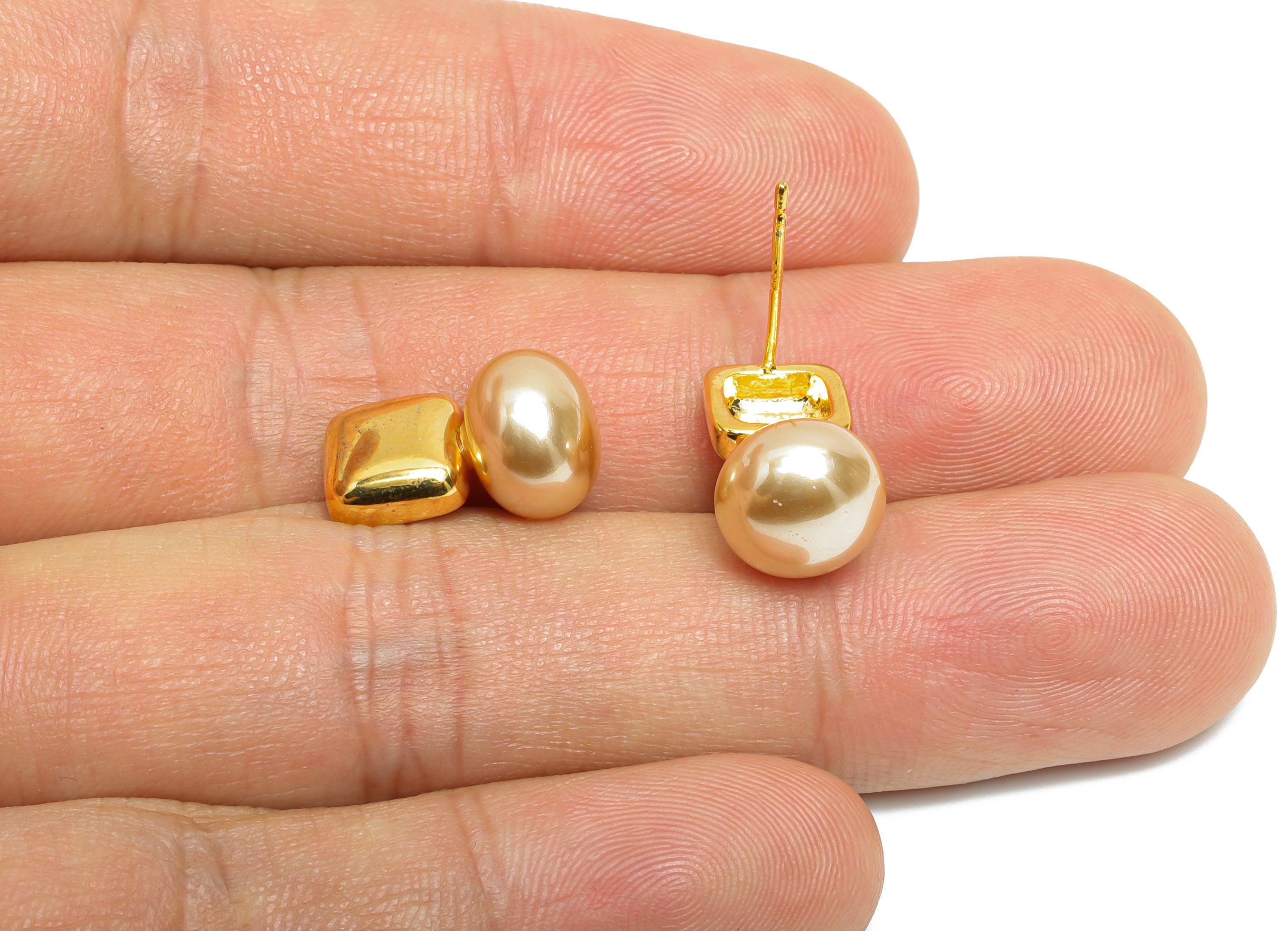 Minimalist Peals Earrings - Brass Square Imitation Pearl Earrings Stud - Romantic Jewelry - 18K Real Gold Plated - 16x9.79x0.74mm - RGP9588 - DOMEDBAZAAR