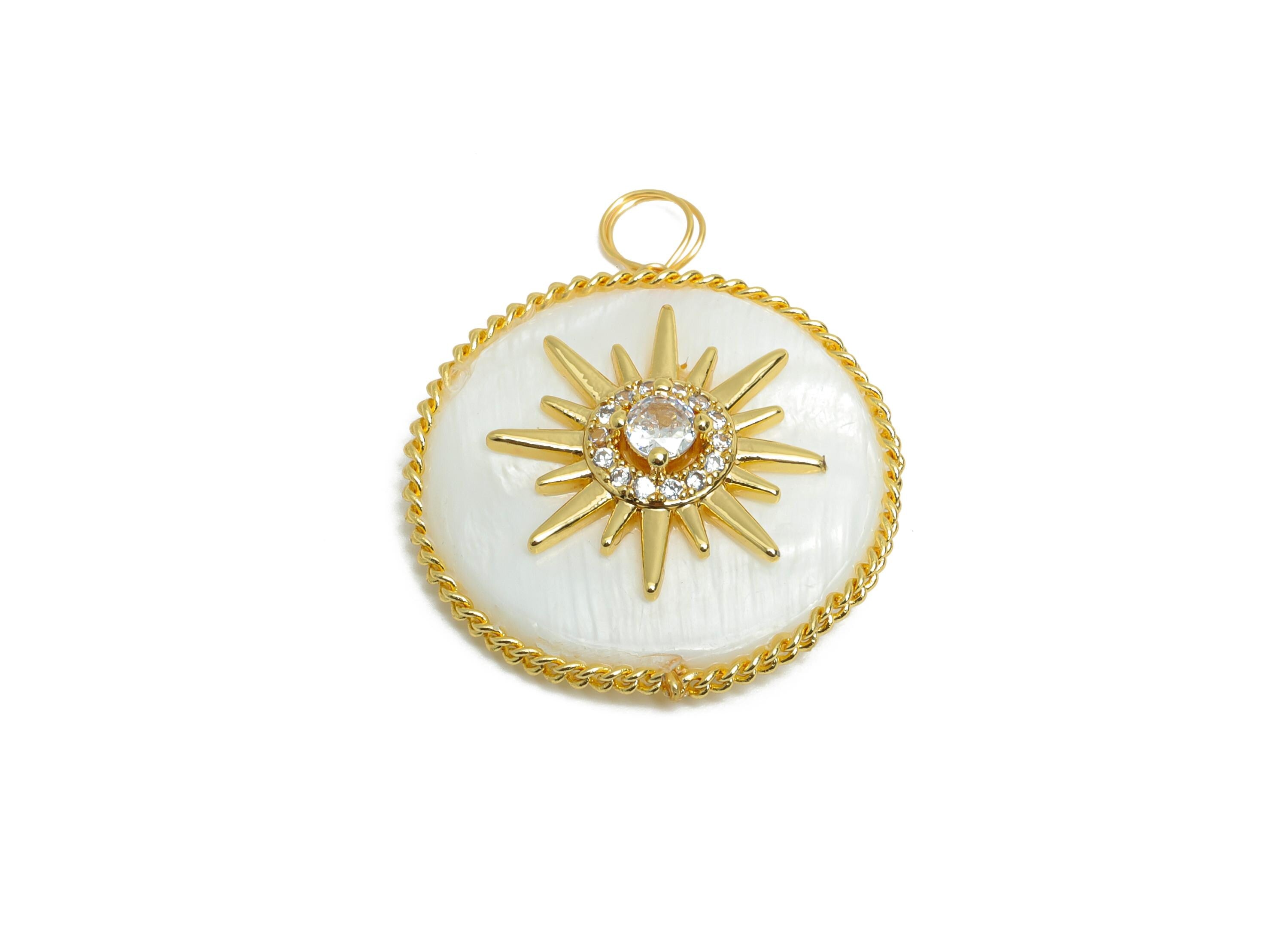 Brass Round Earring Charms - Gold CZ Star Seashell Pendant - Textured Elegant Necklace Charm - 18K Gold Plated - 25.85x21.37x6.12mm -RGP9629 - DOMEDBAZAAR