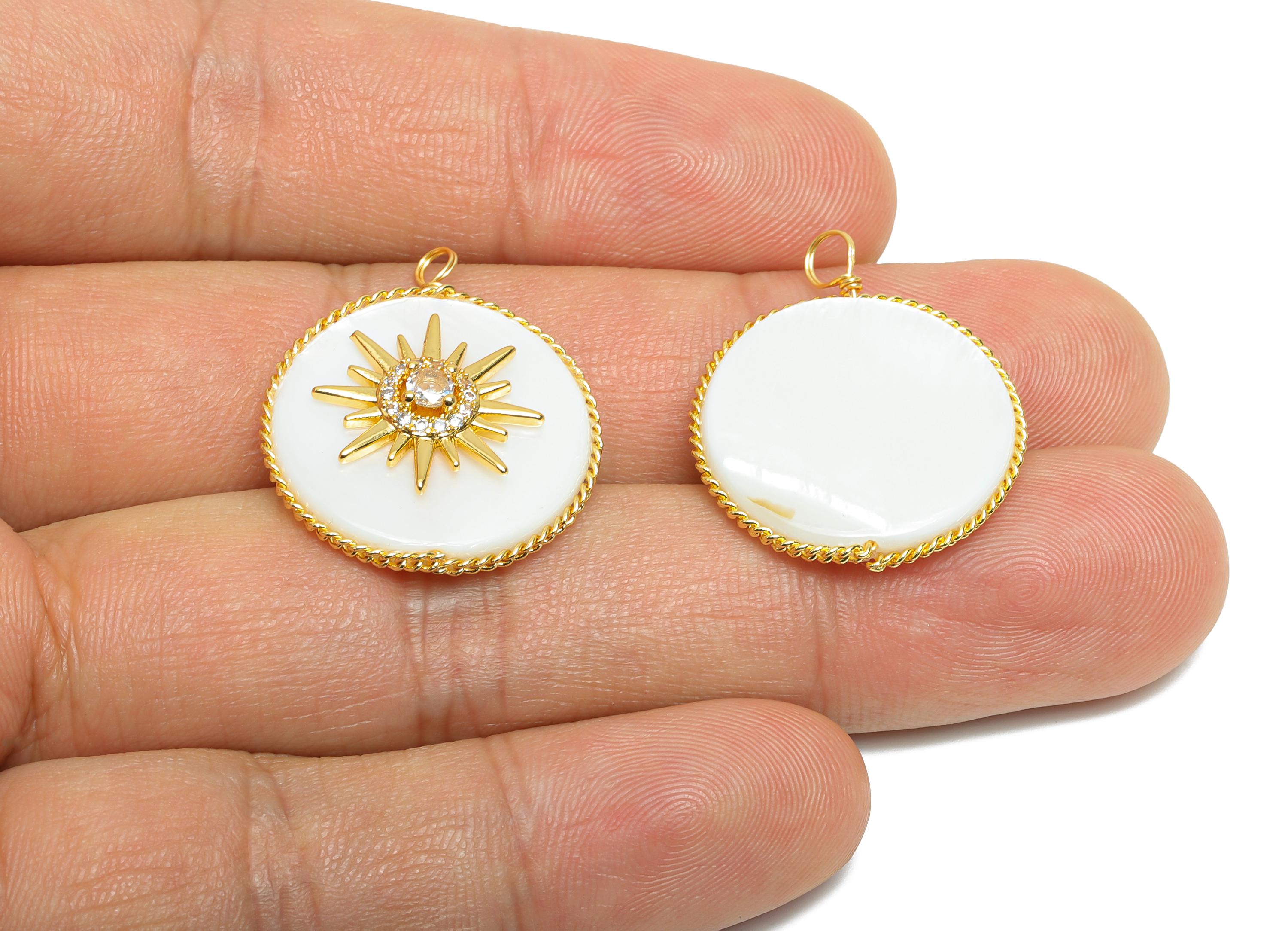 Brass Round Earring Charms - Gold CZ Star Seashell Pendant - Textured Elegant Necklace Charm - 18K Gold Plated - 25.85x21.37x6.12mm -RGP9629 - DOMEDBAZAAR
