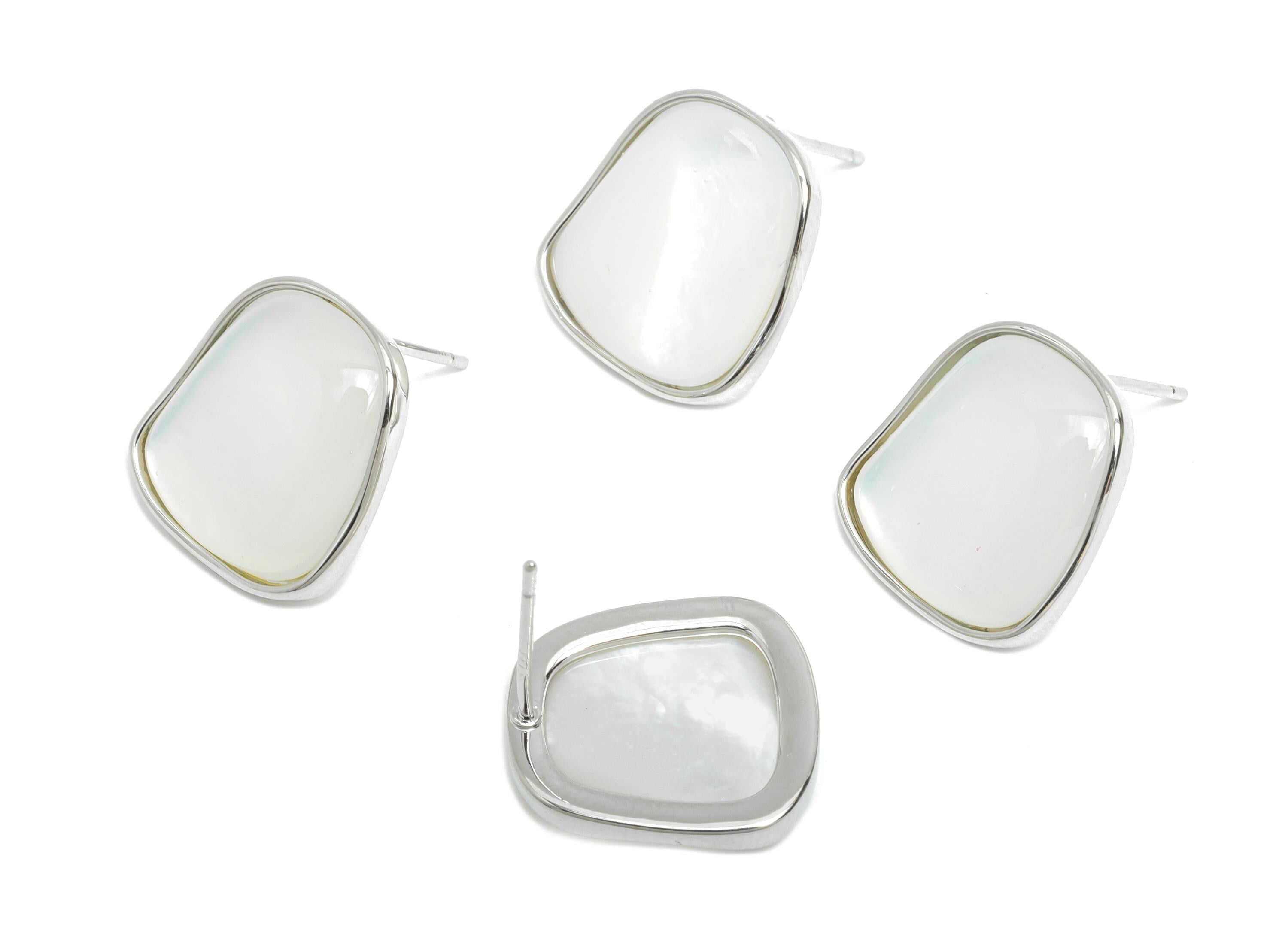 Sparkling Brass Stud - Brass Rectangle Seashell Earring - Geometric Silver Earring Post-18K White Gold Plated - 15.13x13.93x0.74mm-RGP9580S - DOMEDBAZAAR