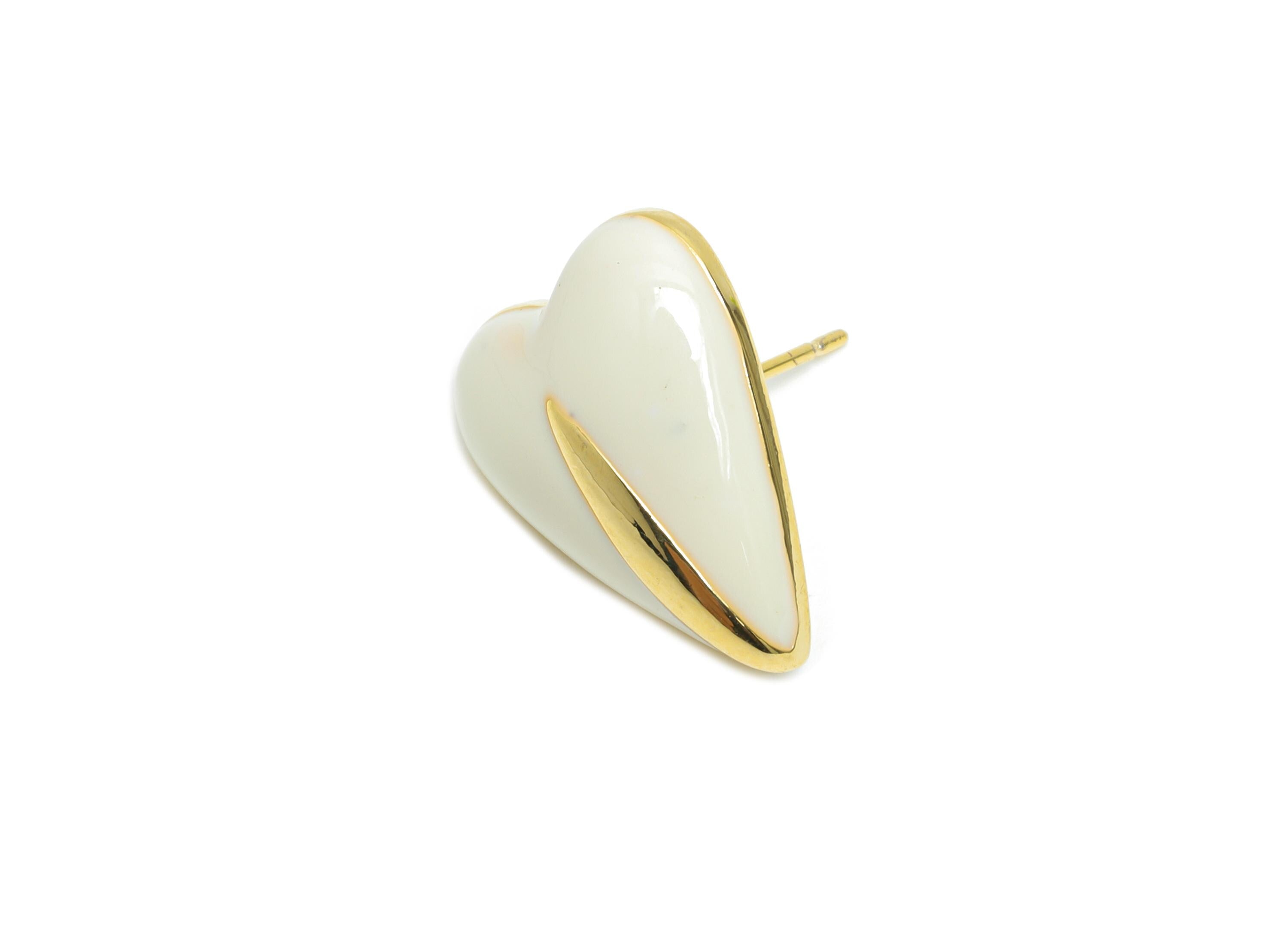 Brass Enamel Heart Stud - White Enamel Chic Colorful Earring Stud - Refined Jewelry - 18K Real Gold Plating - 17.6x13.59x0.7mm - RGP9605A - DOMEDBAZAAR
