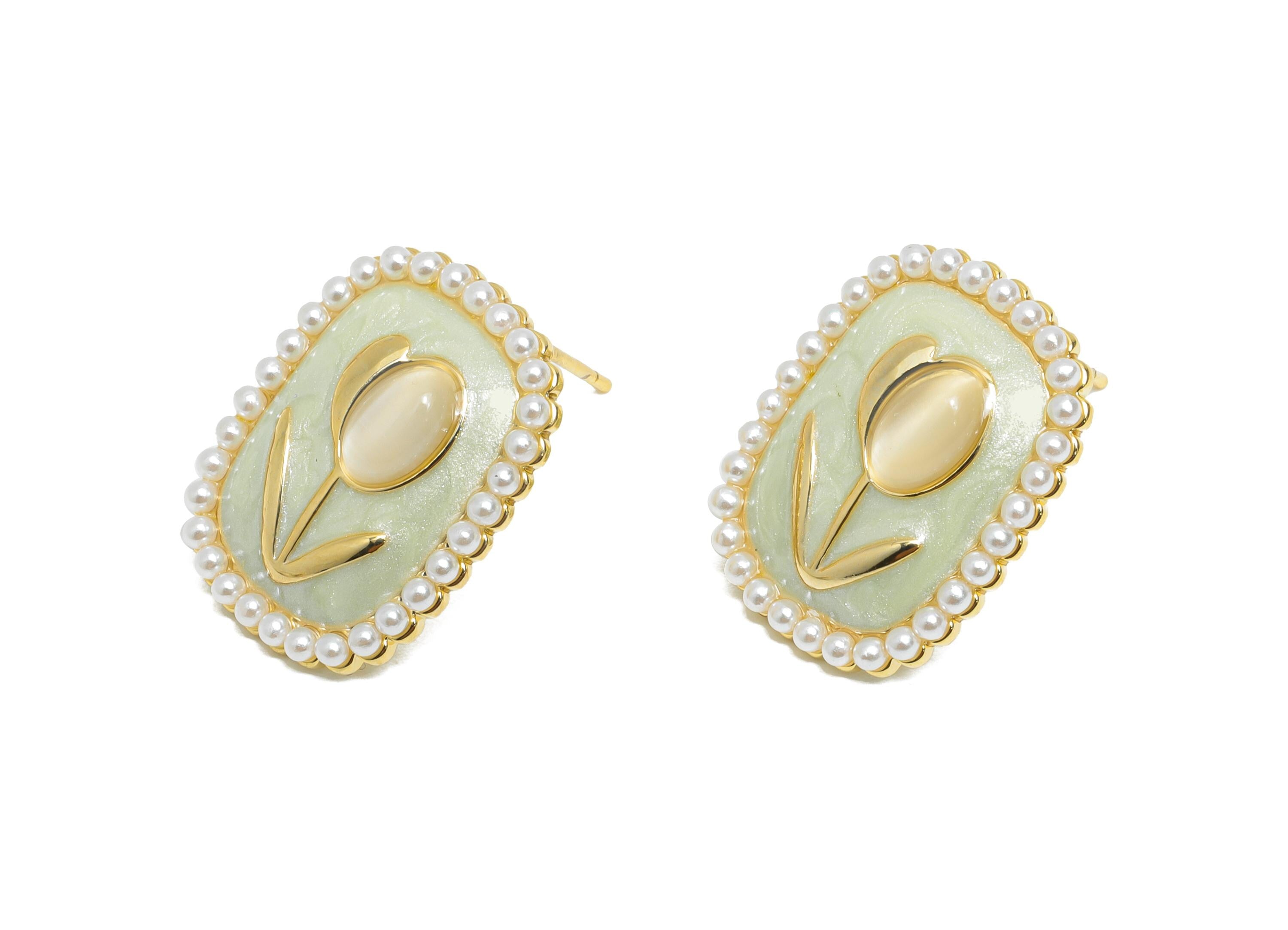 Brass Enamel Earring Stud - Green Opal Stone Tulip Earring - Rectangle Imitation Pearl Earring -18K Gold Plated -18.69x14.52x0.71mm-RGP9582B - DOMEDBAZAAR