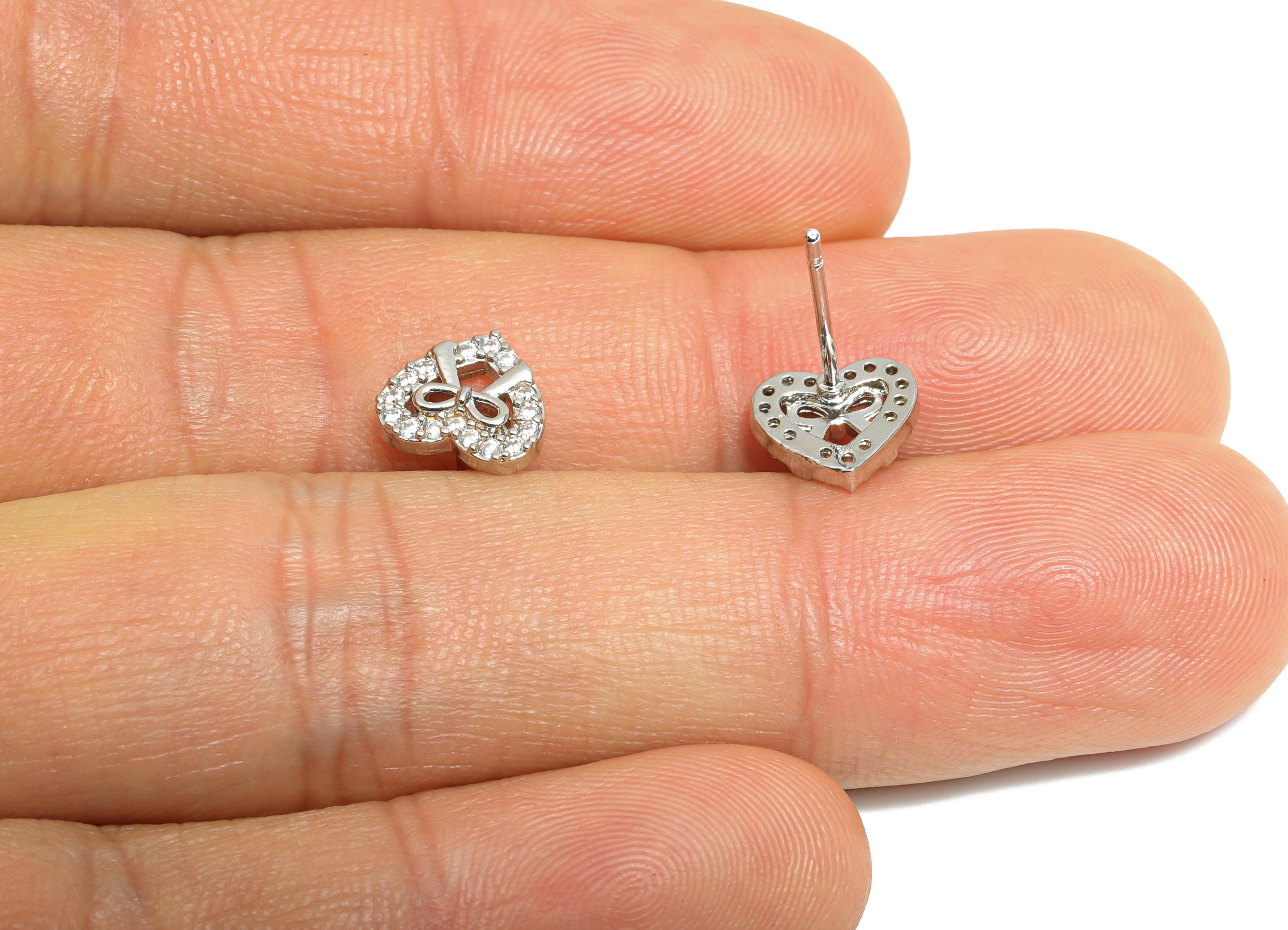 Brass Heart Earring Post - Brass Sparking Tiny Heart Earring Stud - Crystal Cute Bow Earring - 18K Real White Gold Plated - 8x7x2mm-RGP9665S - DOMEDBAZAAR