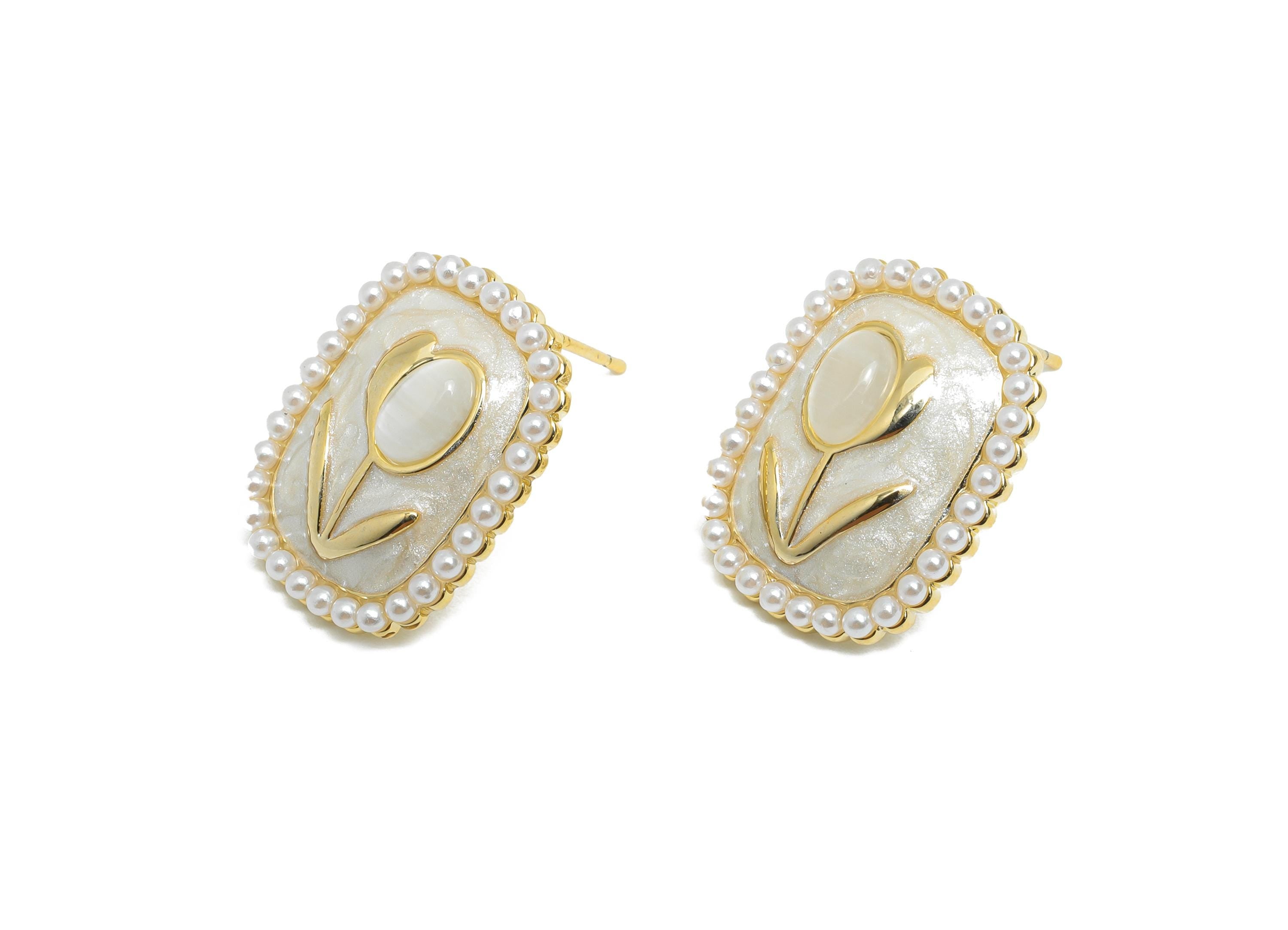 Brass Enamel Earring Stud - White Opal Stone Tulip Earring - Rectangle Imitation Pearl Earring -18K Gold Plated -18.69x14.52x0.71mm-RGP9582C - DOMEDBAZAAR