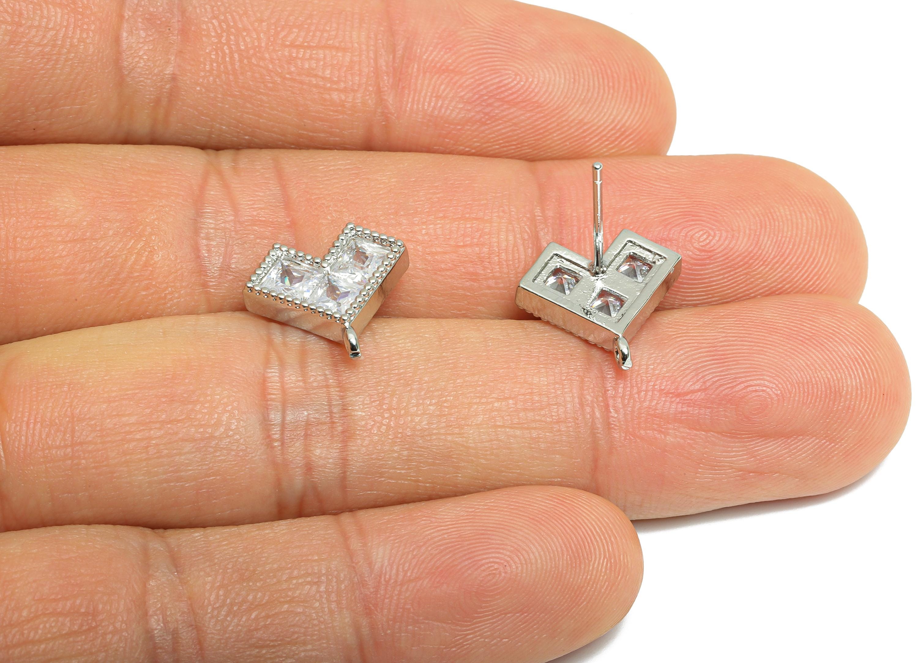 Brass CZ Heart Stud - Brass Geometric Heart Earring Stud - Bold Earring Stud With Loop - 18K Real White Gold Plated - 13x13x3mm -RGP9648S - DOMEDBAZAAR