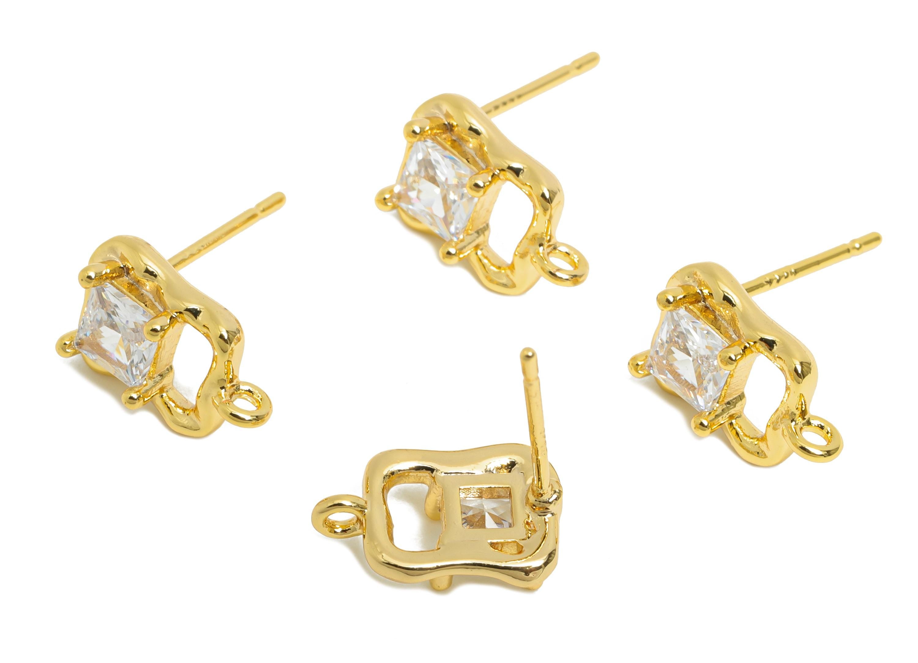 Square Gemstone Post - Brass Gold Geometric Earring Stud - Modern Earring Stud With Loop - 18K Real Gold Plating - 11.6x7x3mm - RGP9655 - DOMEDBAZAAR