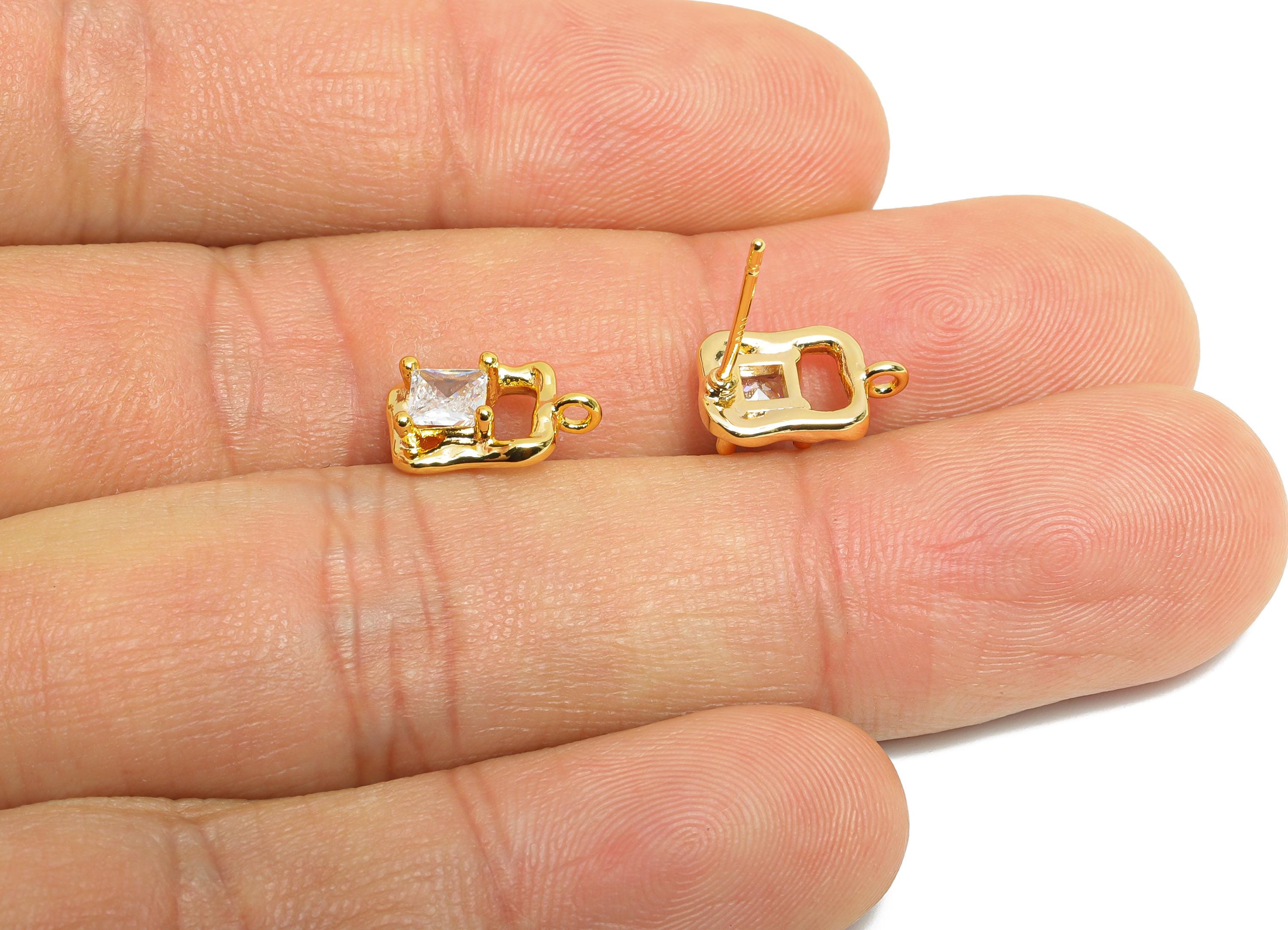 Square Gemstone Post - Brass Gold Geometric Earring Stud - Modern Earring Stud With Loop - 18K Real Gold Plating - 11.6x7x3mm - RGP9655 - DOMEDBAZAAR
