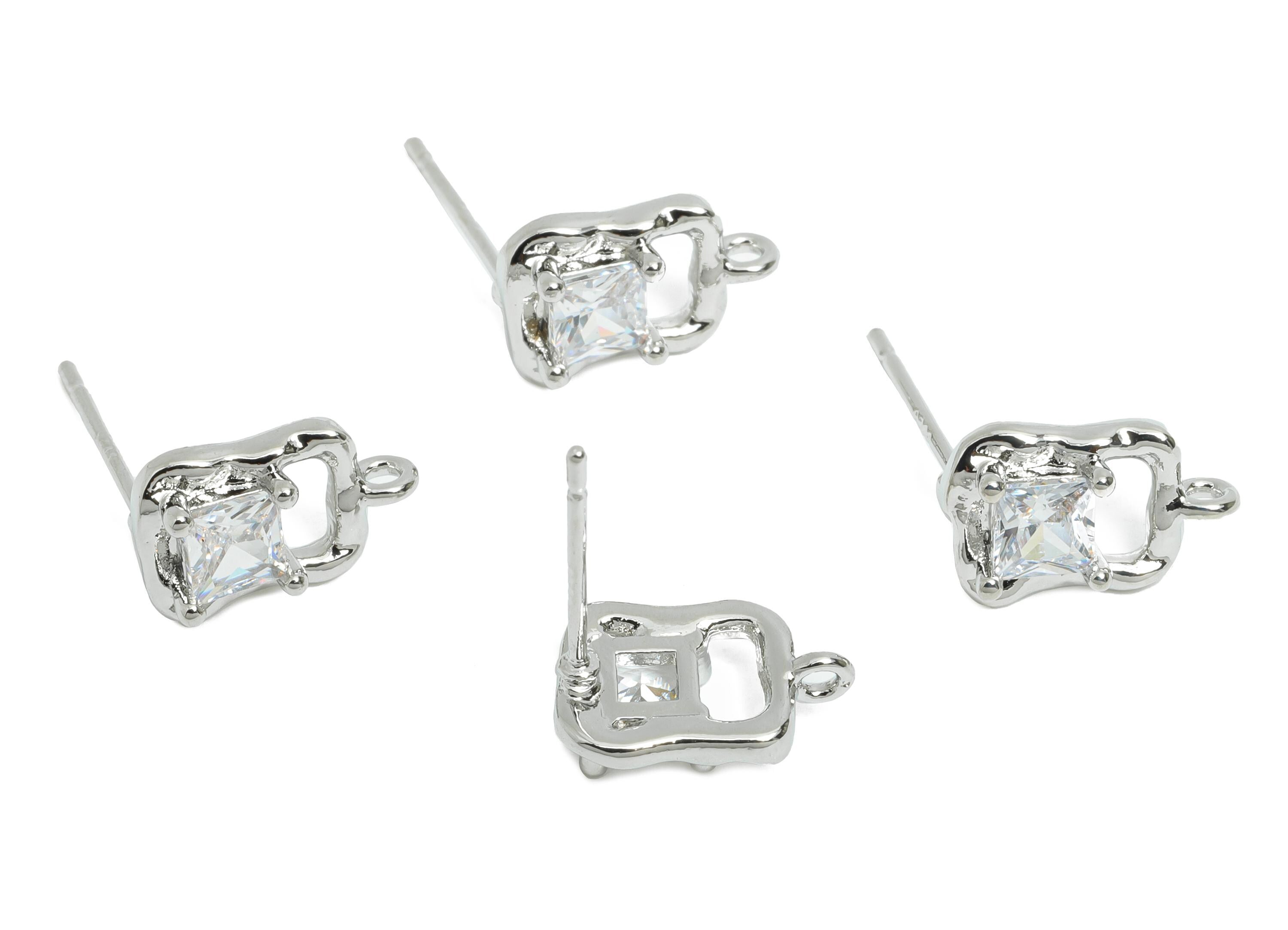 Zircon Gemstone Post - Brass Geometric Earring Stud - Modern Earring Stud With Loop - 18K Real White Gold Plated - 11.6x7x3mm - RGP9655S - DOMEDBAZAAR