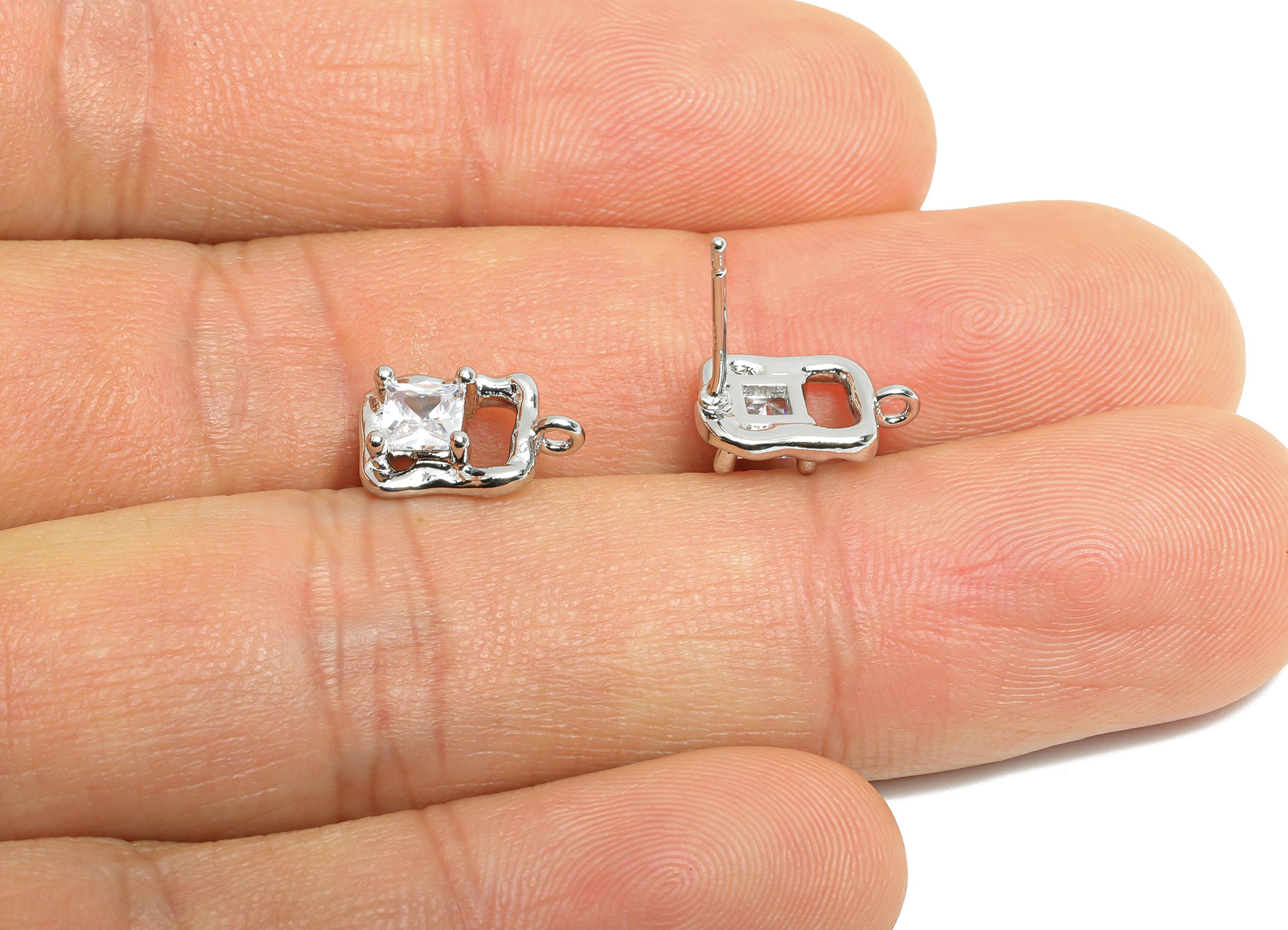 Zircon Gemstone Post - Brass Geometric Earring Stud - Modern Earring Stud With Loop - 18K Real White Gold Plated - 11.6x7x3mm - RGP9655S - DOMEDBAZAAR