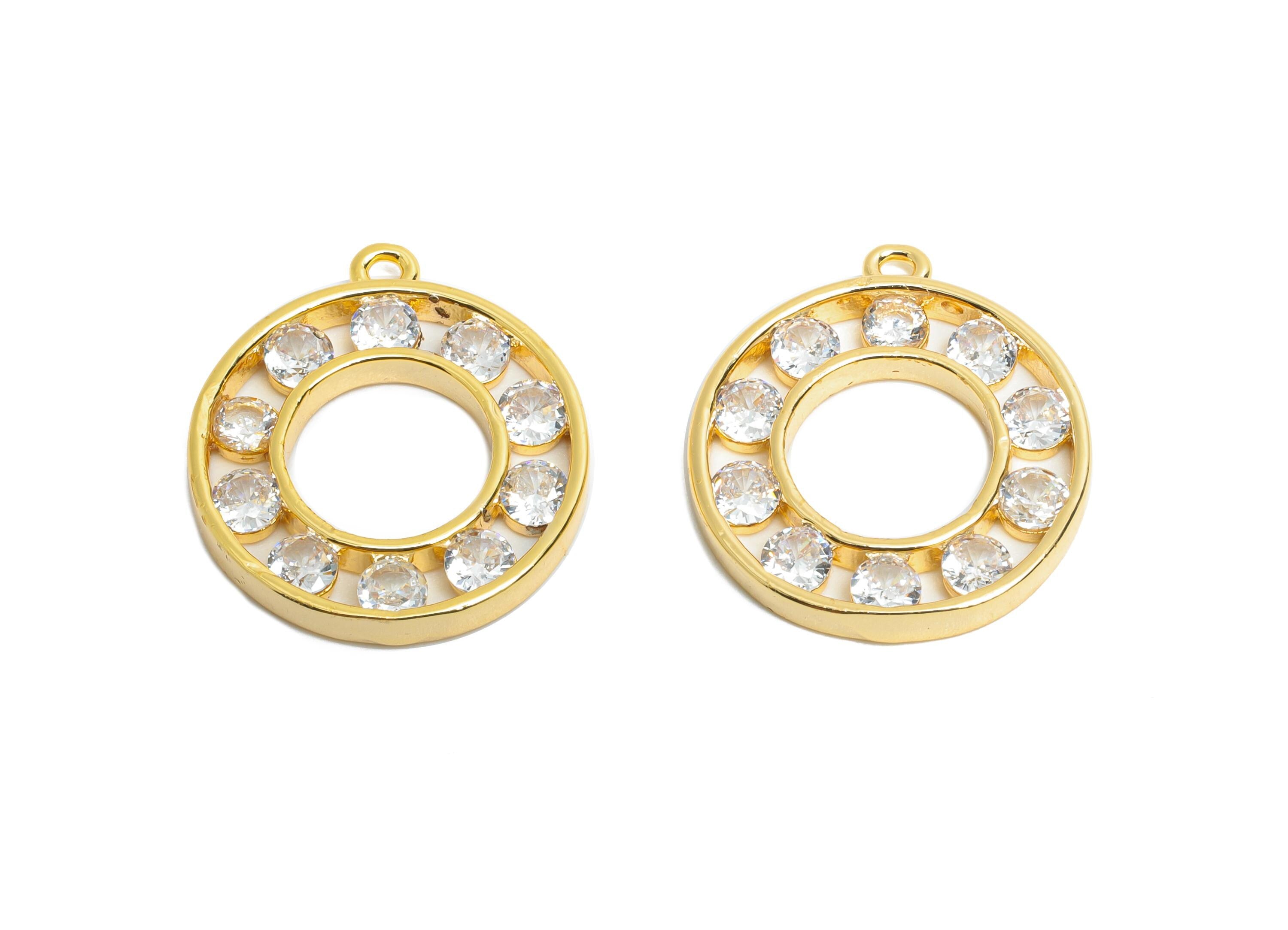 Brass Circle Earring Charm - Brass Sparkling Zircon Pendant - Crystal Geometry CZ Charm - 18K Real Gold Plated - 19x17x2.4mm - RGP9673 - DOMEDBAZAAR