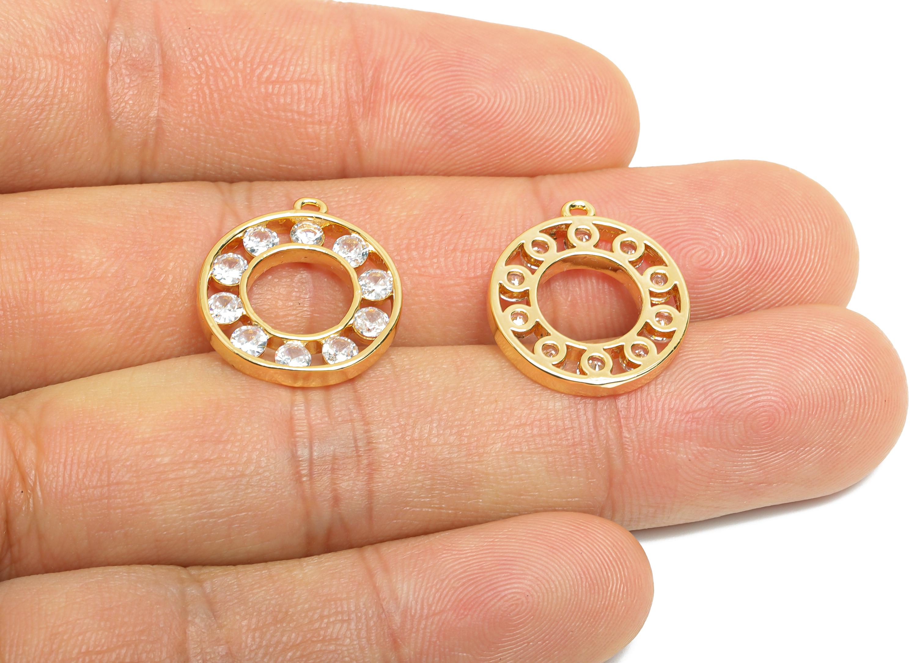 Brass Circle Earring Charm - Brass Sparkling Zircon Pendant - Crystal Geometry CZ Charm - 18K Real Gold Plated - 19x17x2.4mm - RGP9673 - DOMEDBAZAAR
