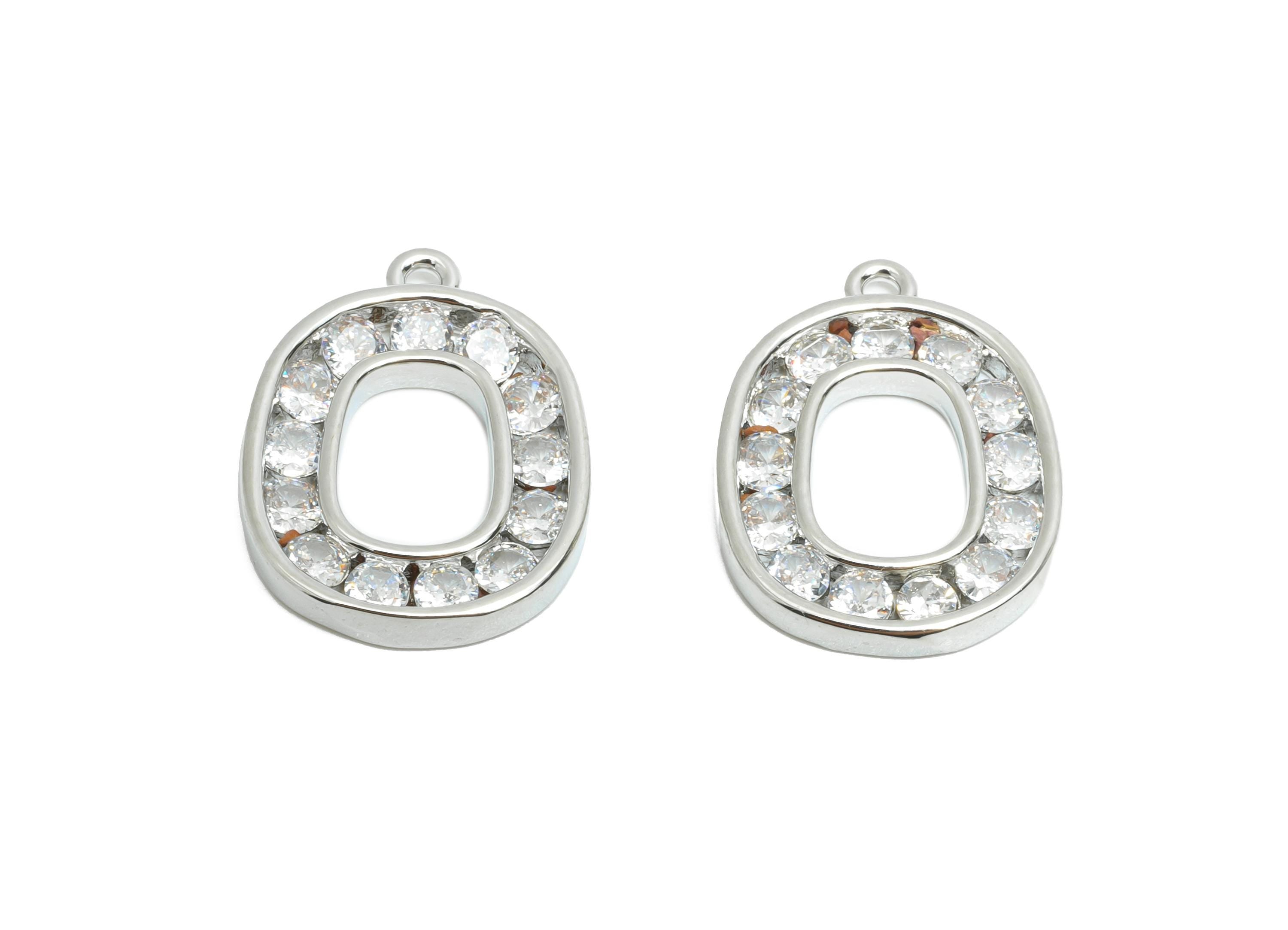 Brass Geometry Earring Charm - Brass Sparkling Zircon Pendant - Crystal Alphabet Charm - 18K Real White Gold Plated - 8x13.6x2mm - RGP9674S - DOMEDBAZAAR