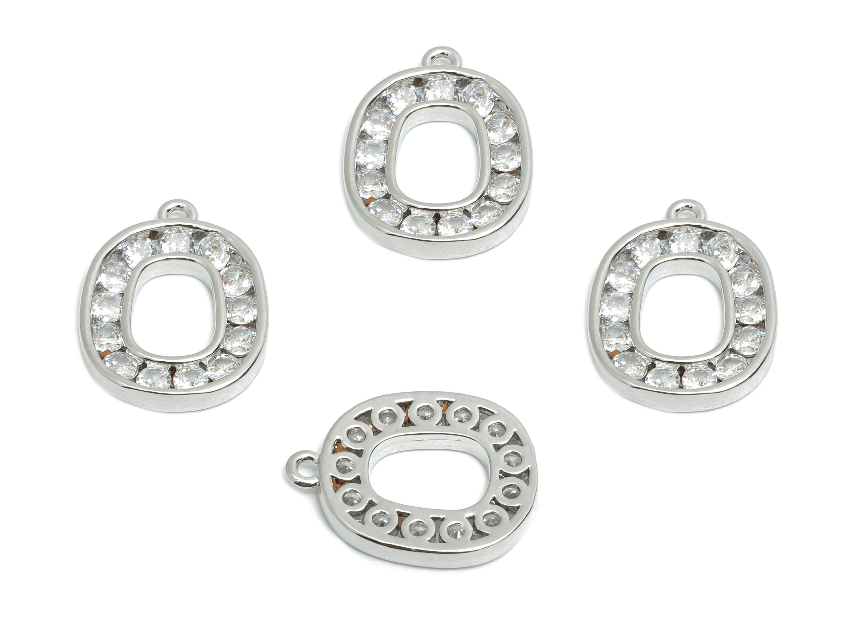 Brass Geometry Earring Charm - Brass Sparkling Zircon Pendant - Crystal Alphabet Charm - 18K Real White Gold Plated - 8x13.6x2mm - RGP9674S - DOMEDBAZAAR