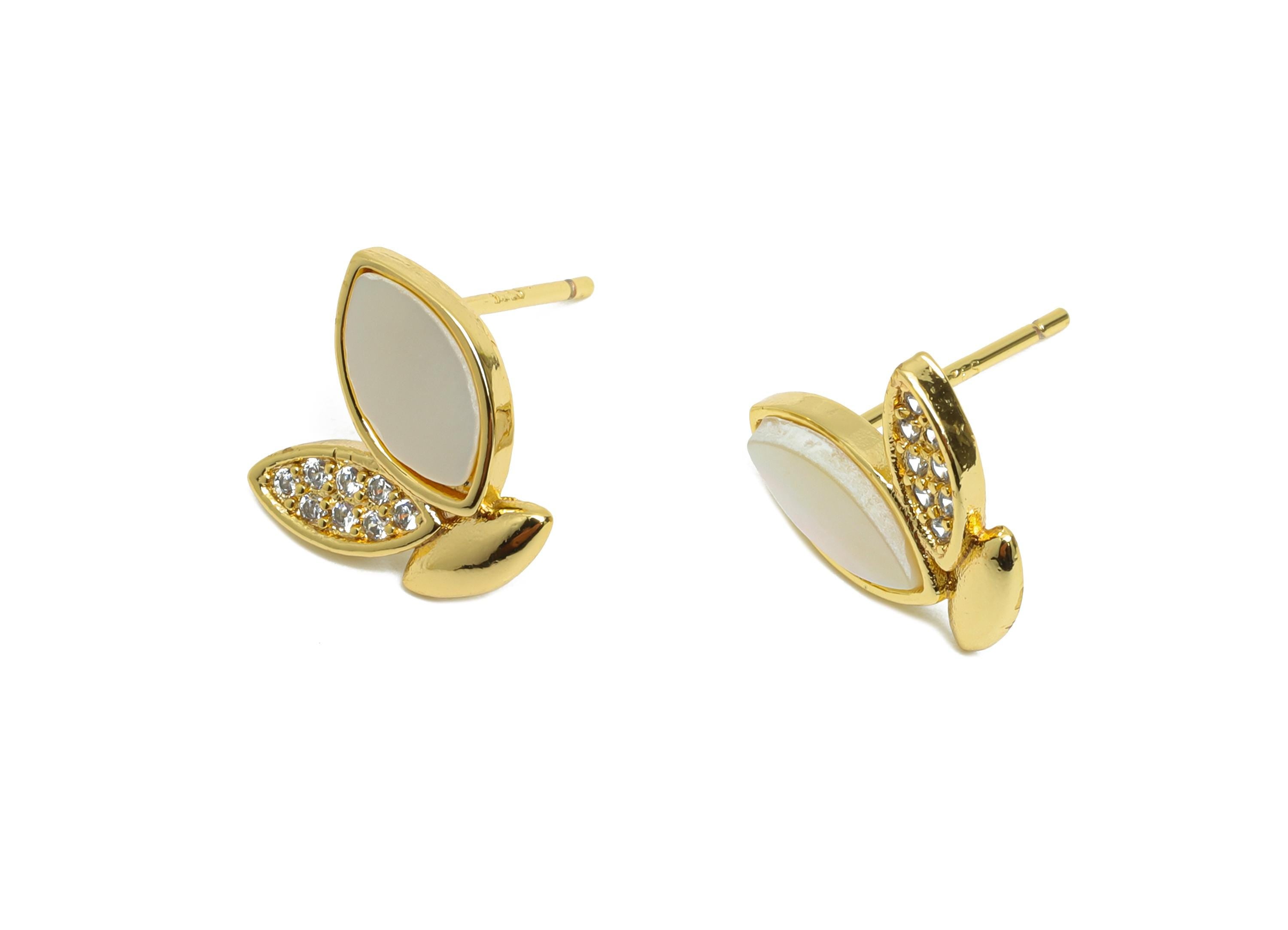 Brass CZ Heart Post - Gold Marquise Leaf Earring Stud - Sparking Seashell Earrings Stud - 18K Real Gold Plated - 12.3x10.53x0.76mm - RGP9618 - DOMEDBAZAAR