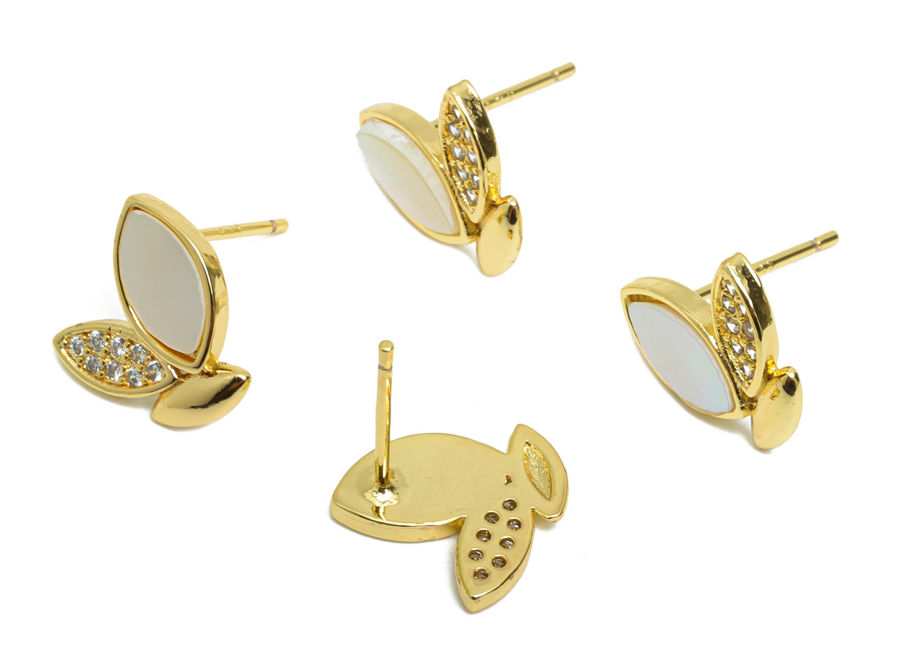 Brass CZ Heart Post - Gold Marquise Leaf Earring Stud - Sparking Seashell Earrings Stud - 18K Real Gold Plated - 12.3x10.53x0.76mm - RGP9618 - DOMEDBAZAAR