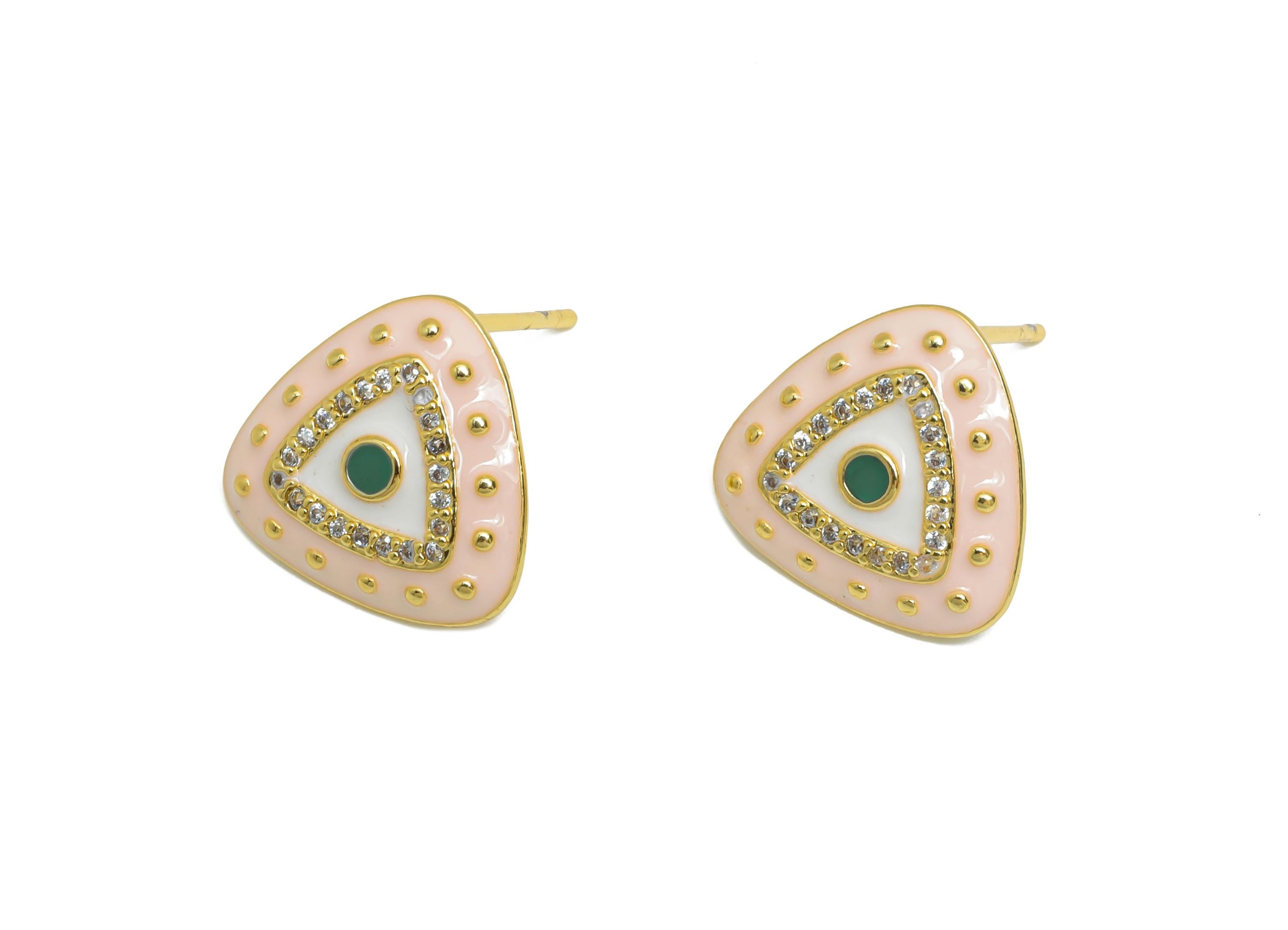 Brass CZ Triangle Post - Sparkling Eye Earring Stud- Pink Refined Enamel Earring Stud - 18K Real Gold Plating - 14.5x14.5x2.8mm - RGP9555A - DOMEDBAZAAR
