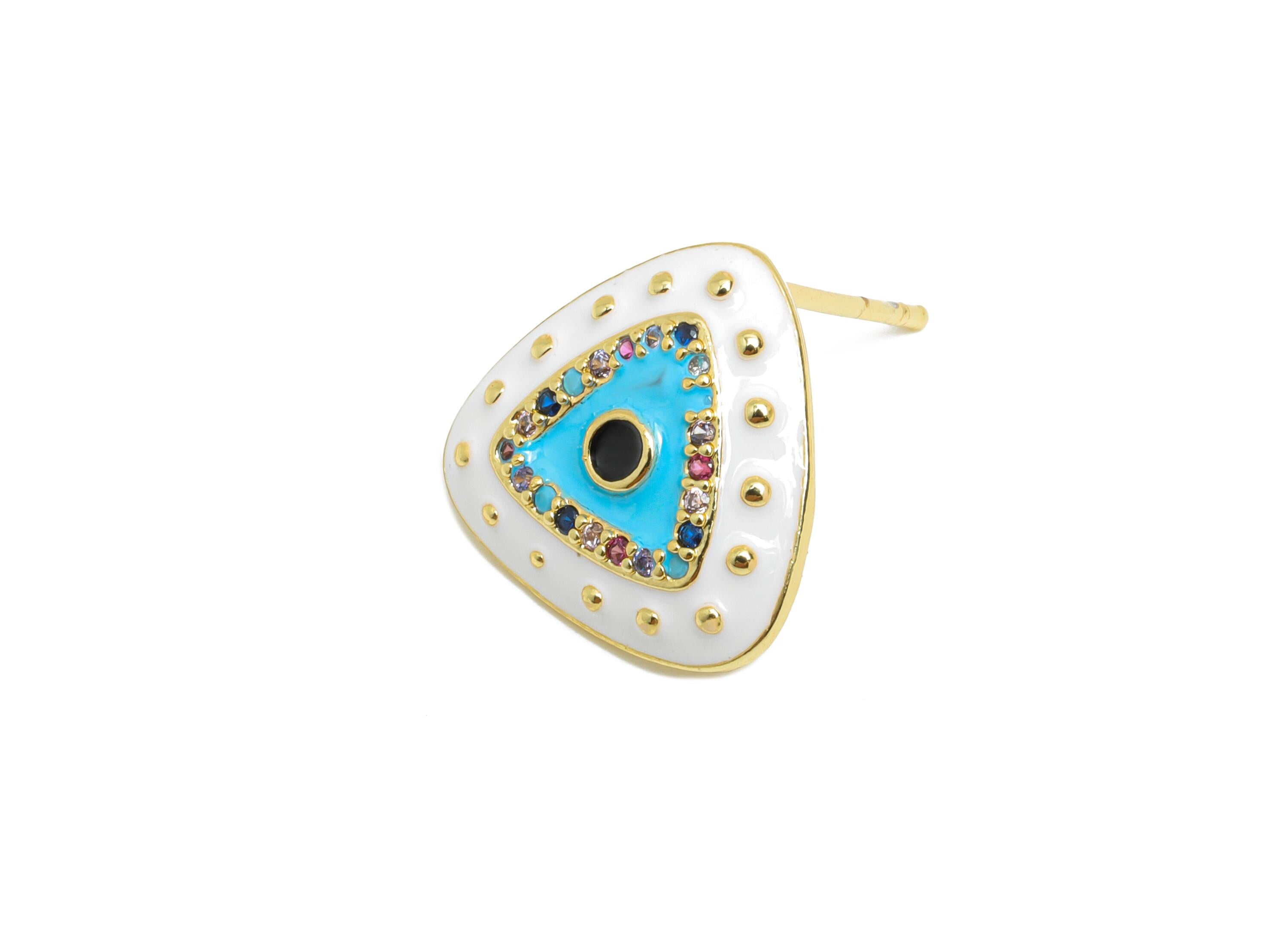 Brass CZ Triangle Post - Sparkling Eye Earring Stud- White Refined Enamel Earrings - 18K Real Gold Plated Brass -14.5x14.5x2.8mm -RGP9555B - DOMEDBAZAAR