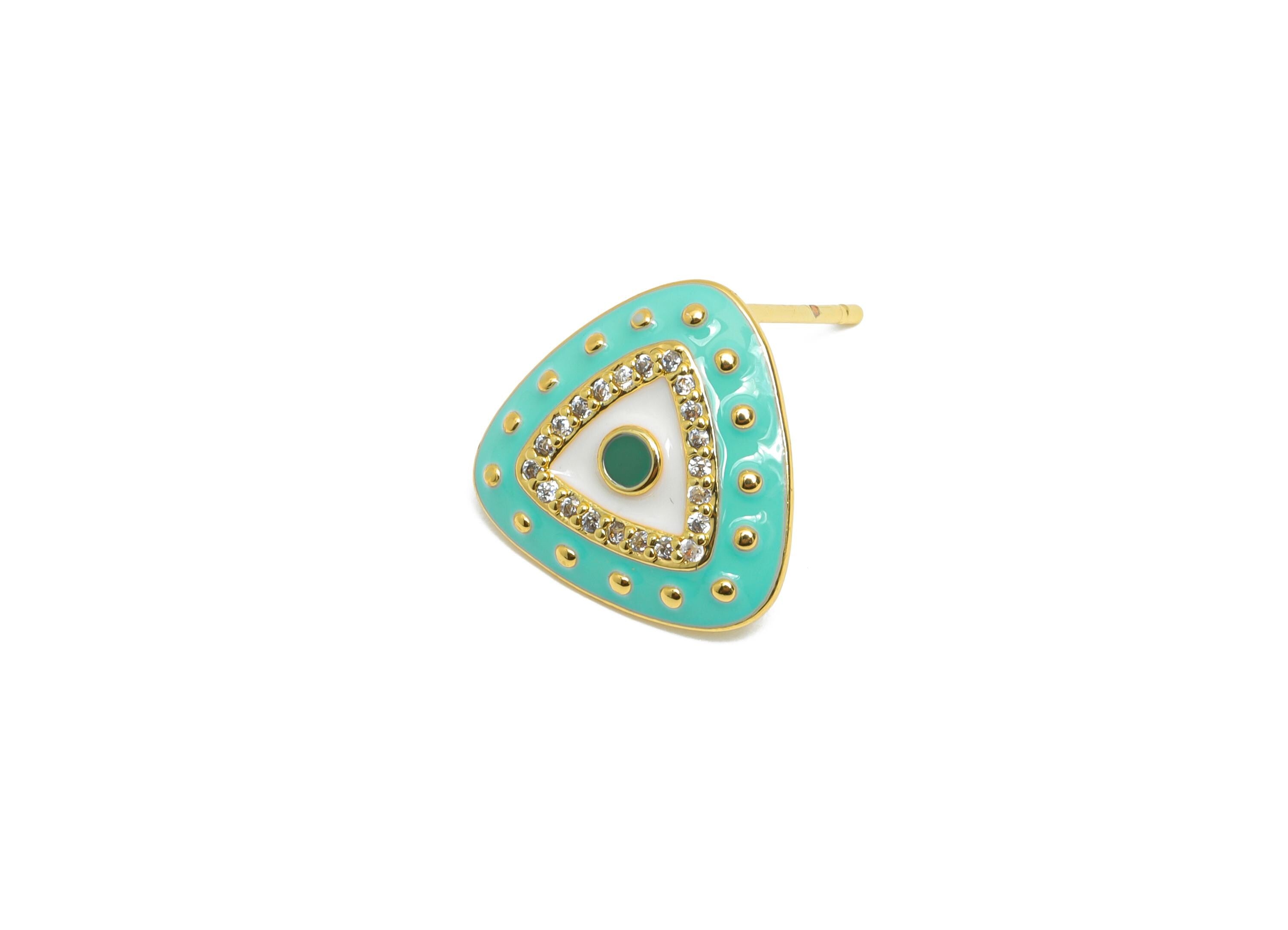 Brass CZ Triangle Stud - Sparkling Eye Earring Stud- Refined Enamel Earrings Post - 18K Real Gold Plated Brass -14.5x14.5x2.8mm - RGP9555C - DOMEDBAZAAR